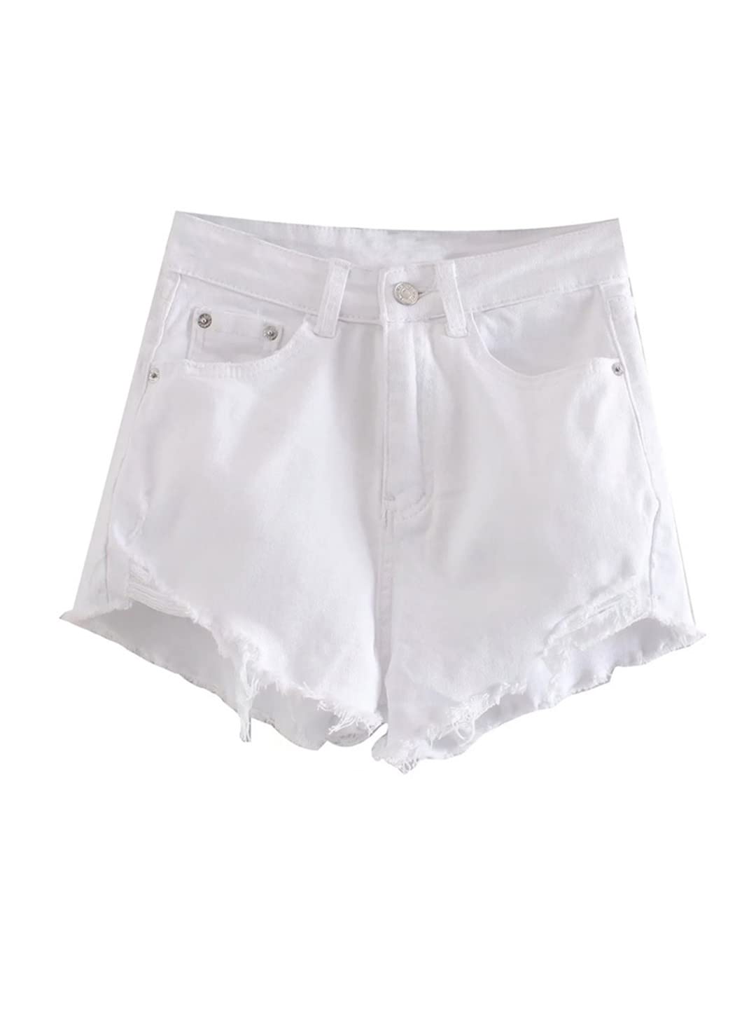 Vintage High Waist Women's Denim Shorts with Front Pockets & Zip Fly - Distressed Frayed Hem for Casual Outfits, Summer Street Style and Beach Wear