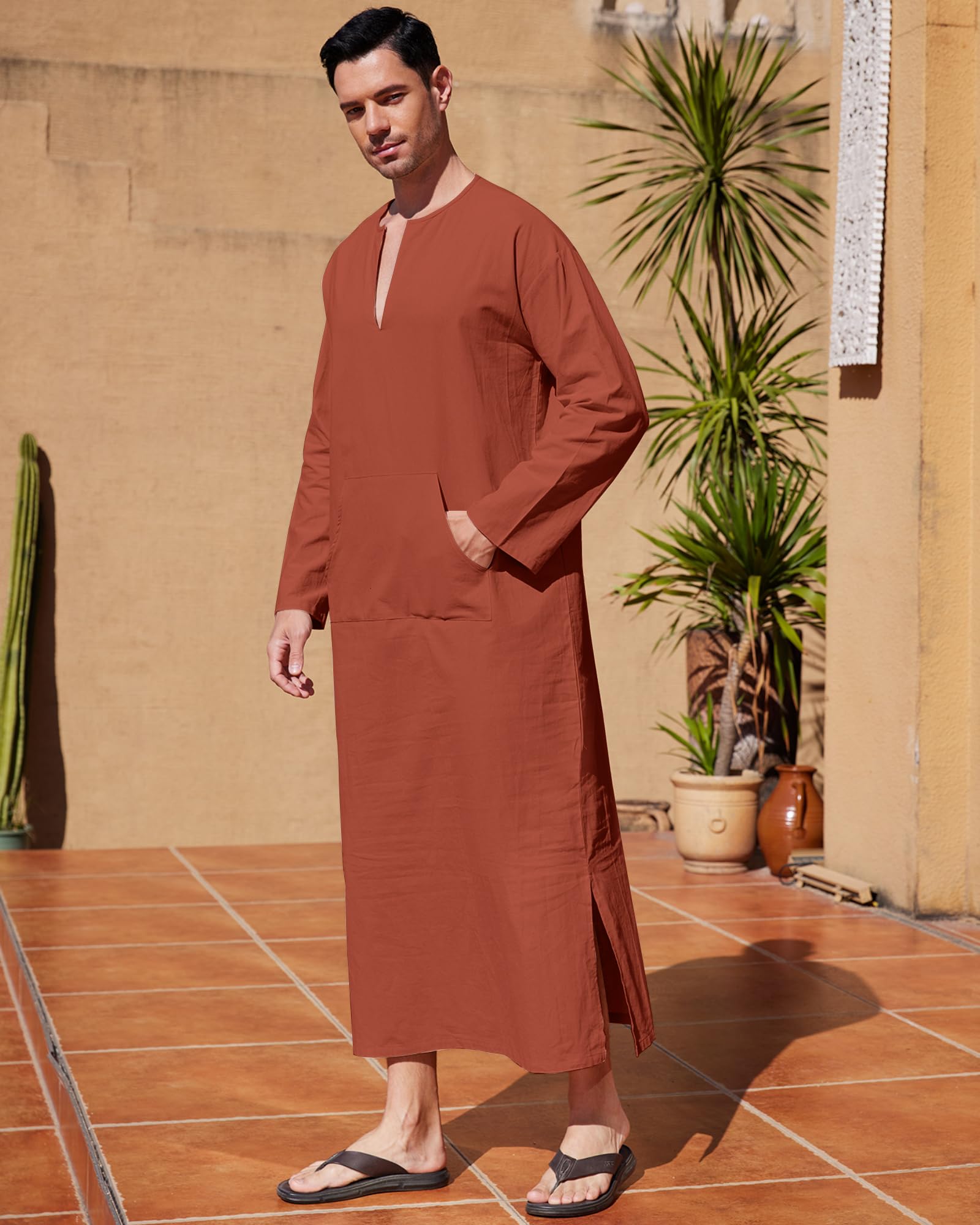 YAOHUOLE Men's Kaftan Thobe - Long Sleeve Islamic Robe with Side Slits & Pockets | Comfortable Casual Wear for Prayer, Home, Beach & Special Occasions