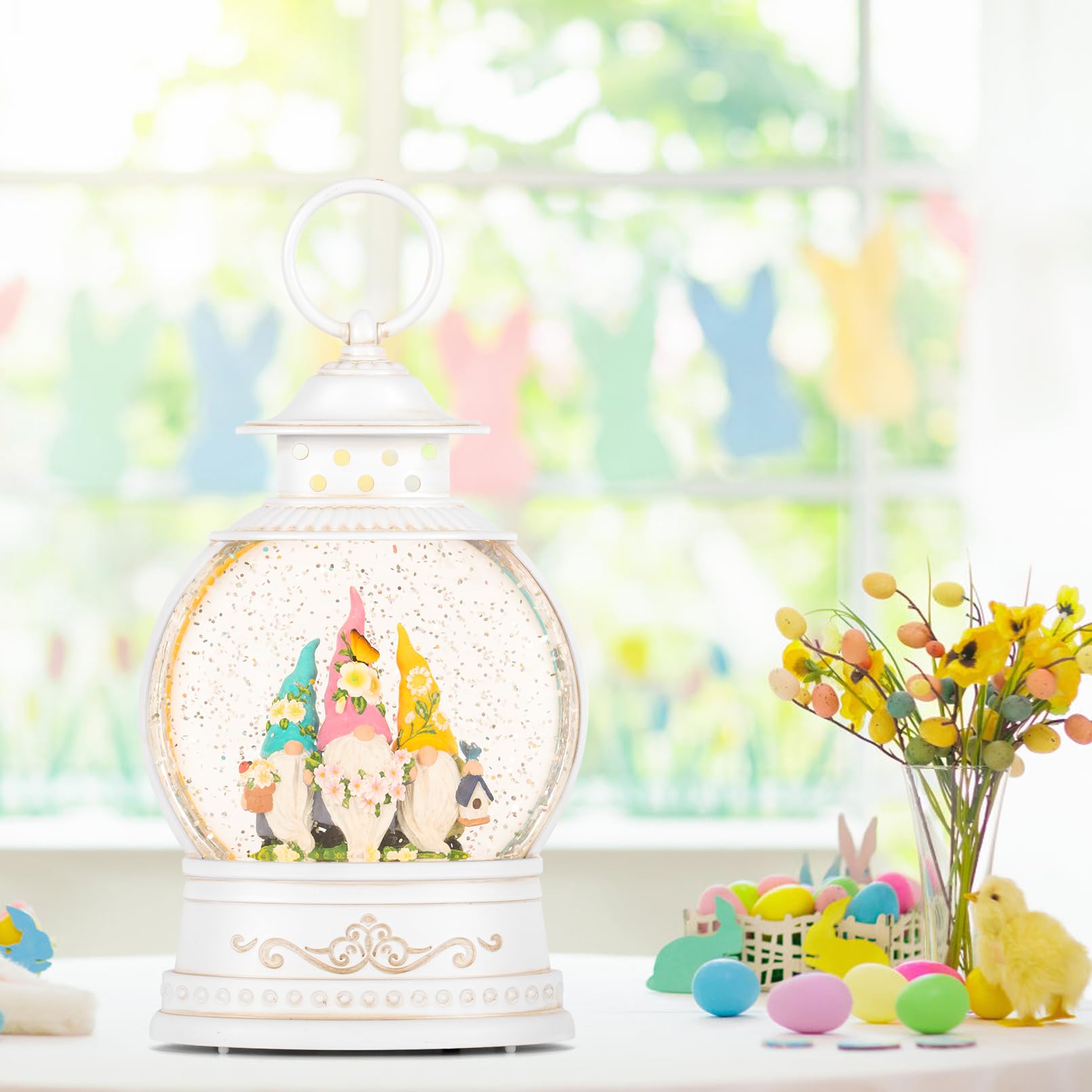 Spring Snow Globe with 6H Timer & Swirling Glitter - Battery/USB Powered Easter Gnome Decor for Home Shelf, Tabletop & Gift Giving | Perfect for Spring Holiday Decorations, Easter Centerpieces & Cozy Home Accents