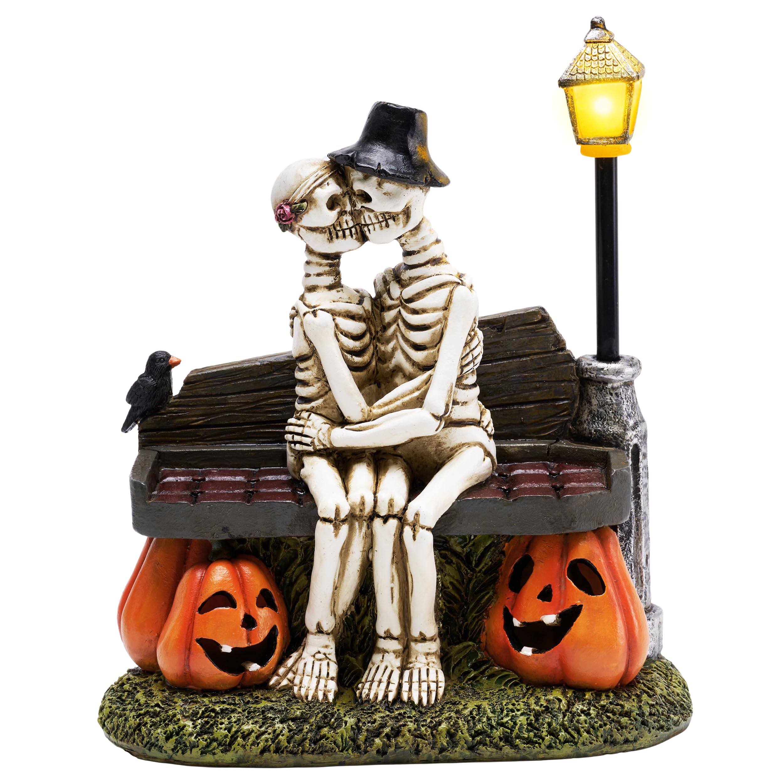 TERESA'S COLLECTIONS Love Never Dies Solar-Powered Garden Statue - Romantic Skeleton Couple on Pumpkin Chair Resin Figurine (9.5 Inch) for Outdoor Decor, Valentine's Day Gifts for Women - Perfect for Garden Pathways, Patio Decor & Anniversary Presents