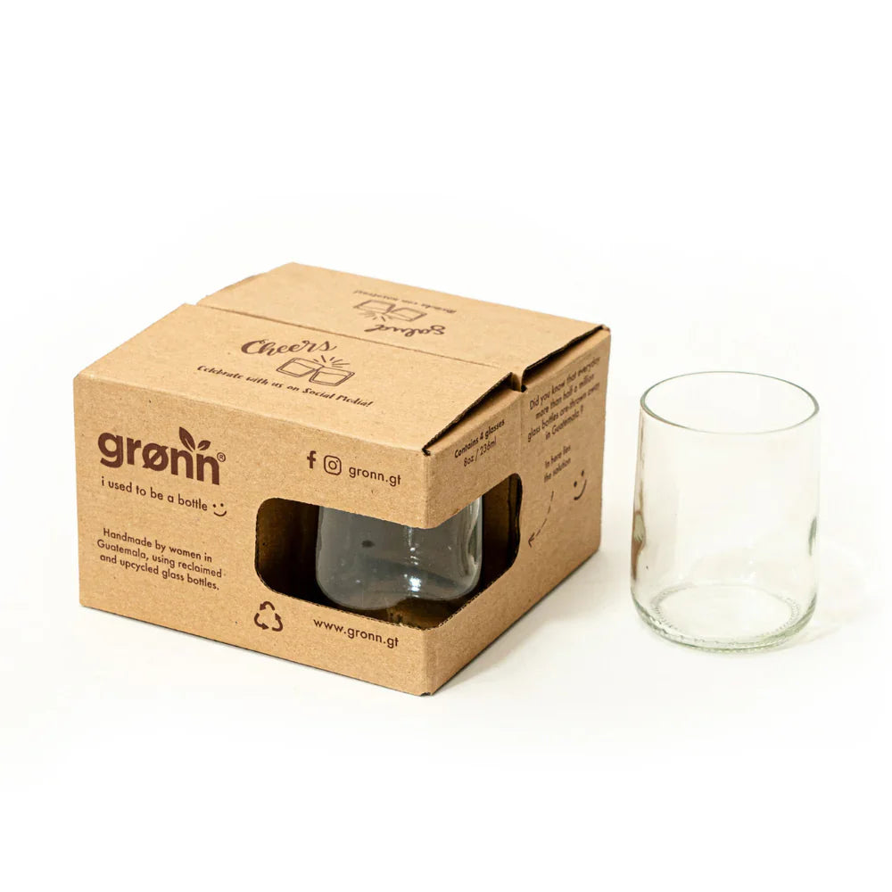 Eco-Friendly Reclaimed Clear Glass Bottle Set of 4 - Perfect for Water, Juice & Cocktails | Sustainable Drinking Glasses for Home Bar, Restaurant & Party Use