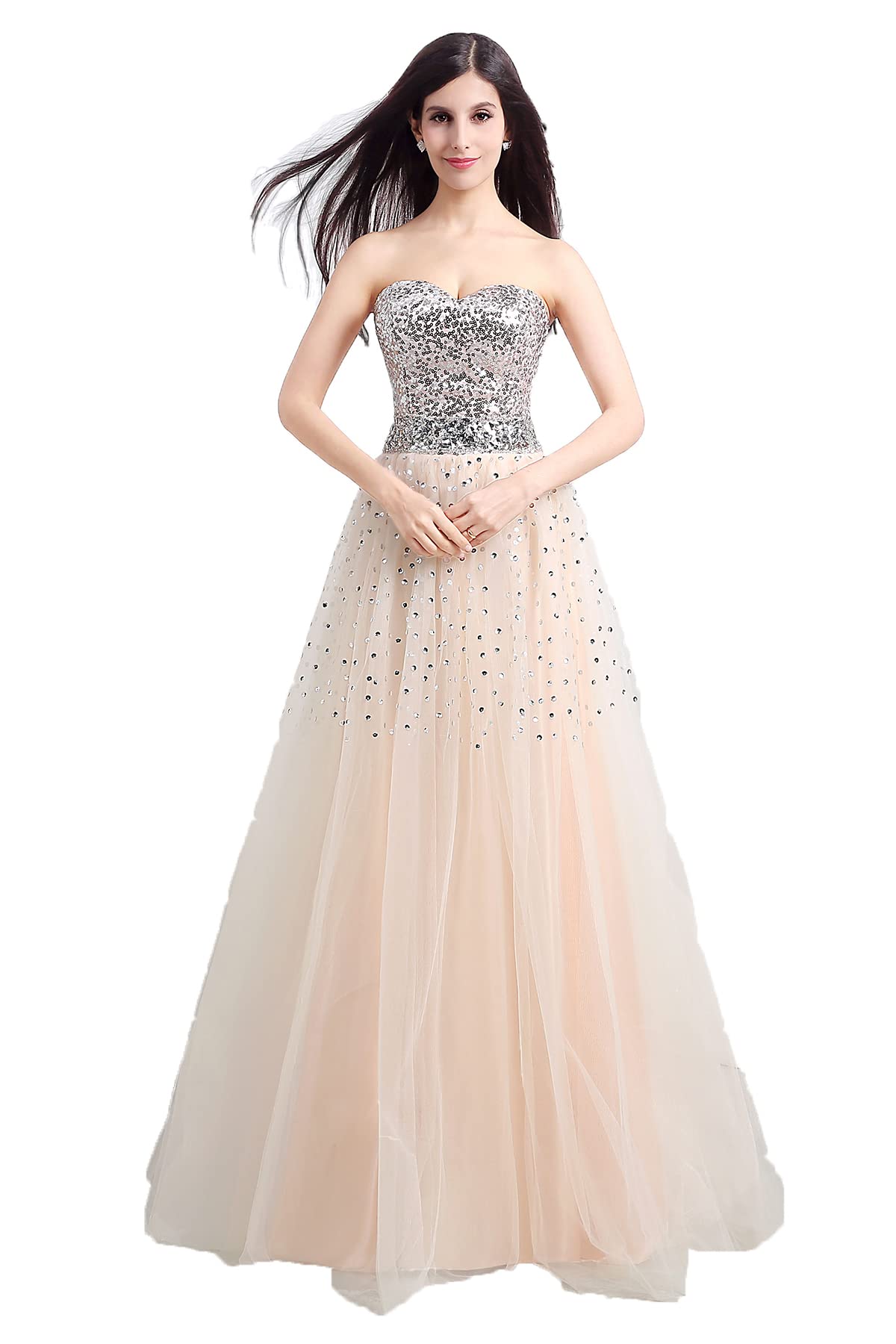 Elegant Women's Sequins Sweetheart Tulle Lace-up A-Line Long Evening Gown for Formal Events - Perfect for Prom, Wedding Guest, and Black Tie Occasions