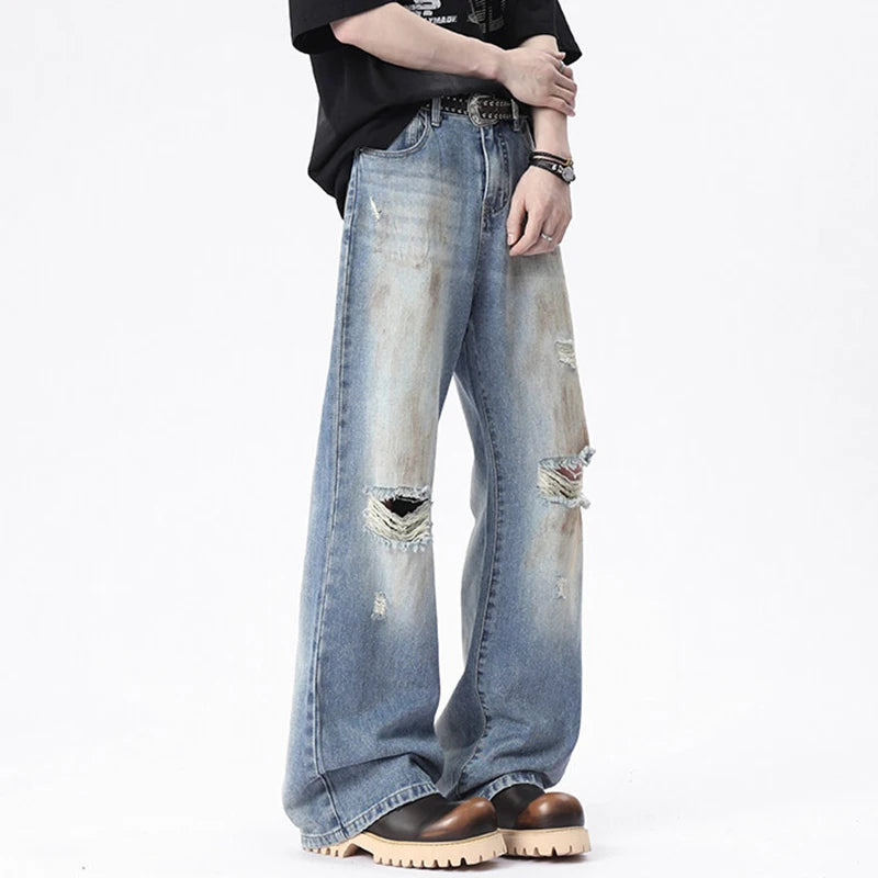 American Men's Distressed Denim Pants - High Street Fashion Straight Wide Leg Jeans with Hole Design (Style 9W1671) | Casual Wear, Street Style & Everyday Outfits