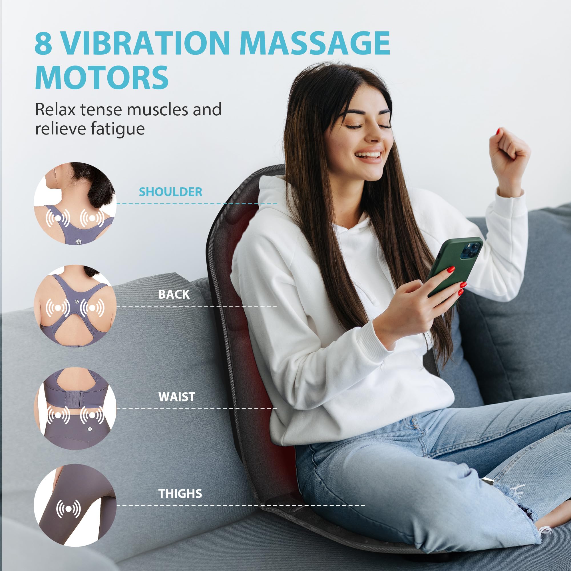 Electric Back Massager Chair Pad with Heat - 4 Vibration Intensities & 2 Heat Levels for Pain Relief - Shiatsu Massage Seat Cushion for Home & Office Use - Perfect Gift for Men & Women