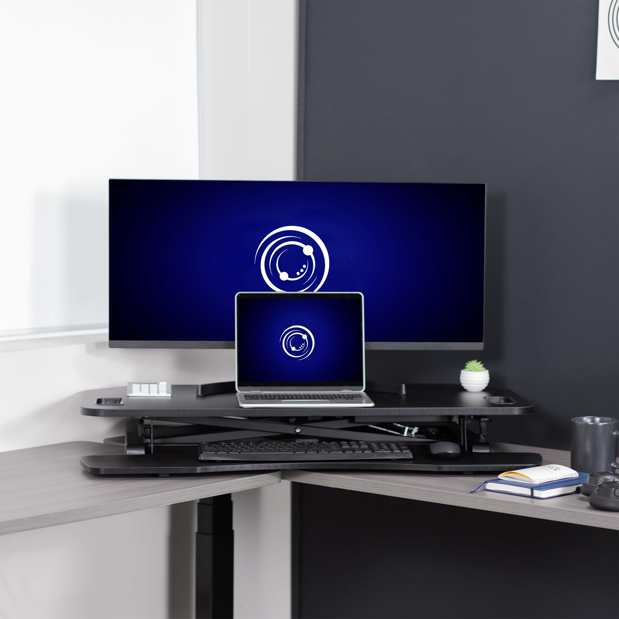 VIVO K Series 38 Inch Extra Wide Corner Standing Desk Converter - Height Adjustable Sit to Stand Workstation with Dual Monitor & Laptop Mount, Wide Keyboard Tray - Black (DESK-V000KL) | Perfect for Home Office, Gaming Setup & Ergonomic Workspace