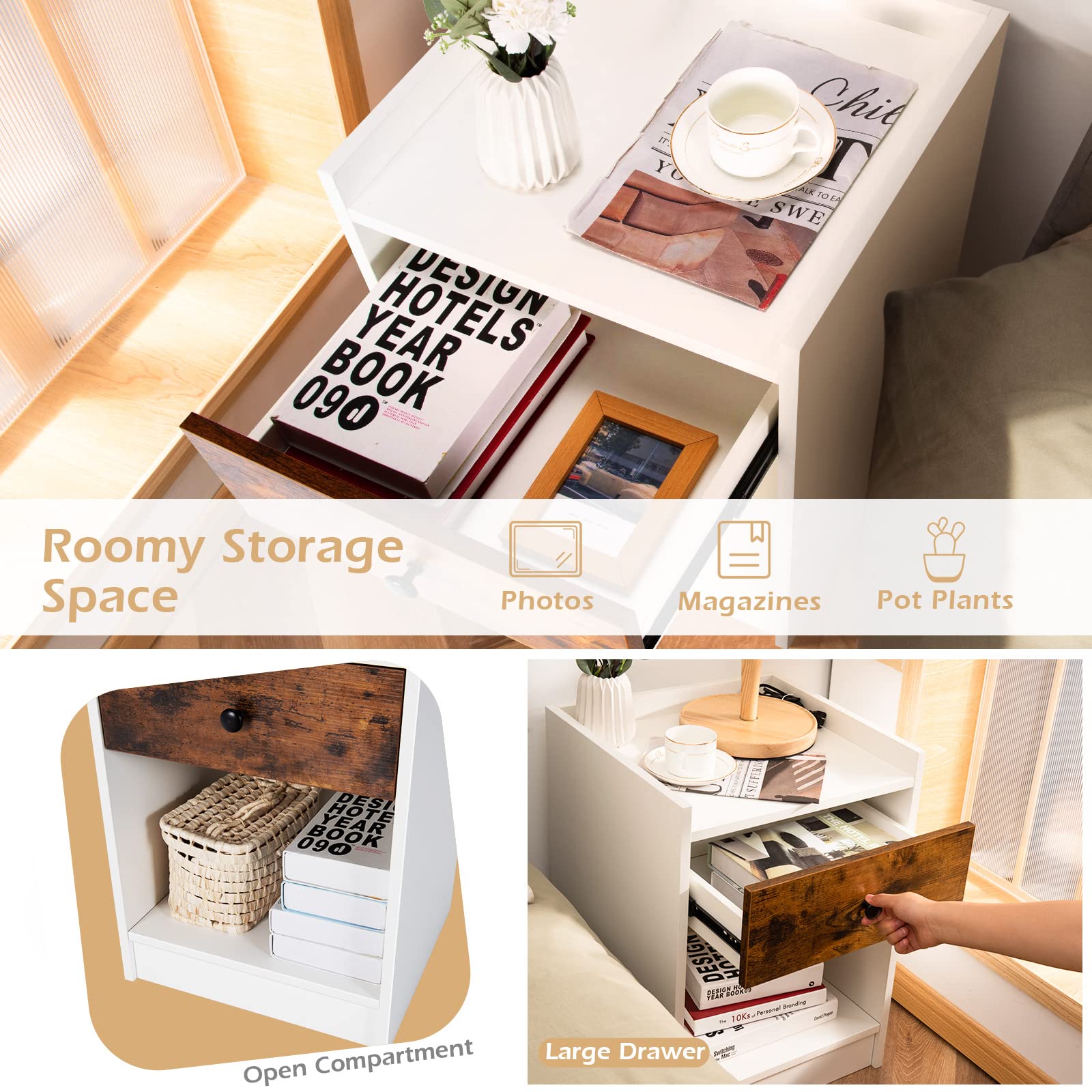 Giantex Nightstand Set of 2 - White Wooden Bedside Tables with Storage Drawer & Open Shelf, 17x16x24 Inches, Farmhouse Style Bedroom Furniture - Perfect for Bedrooms, Guest Rooms & Dorm Rooms