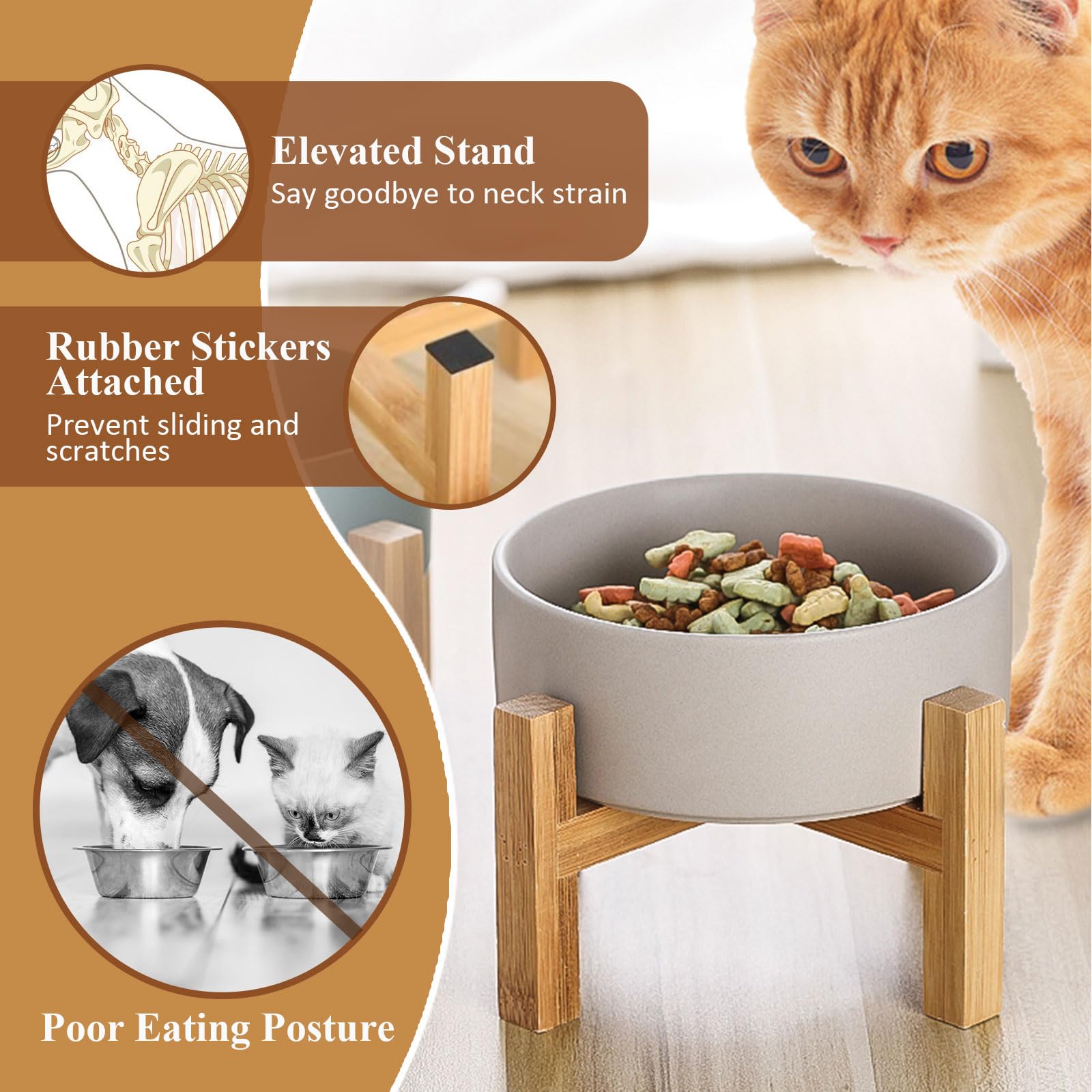 Premium Elevated Ceramic Cat Bowl with Bamboo Stand - Anti-Vomit Raised Pet Food Dish for Cats & Small Dogs - 13.5oz/400ml Grey - Perfect for Stress-Free Feeding & Digestive Health in Kittens, Senior Cats, and Small Breeds