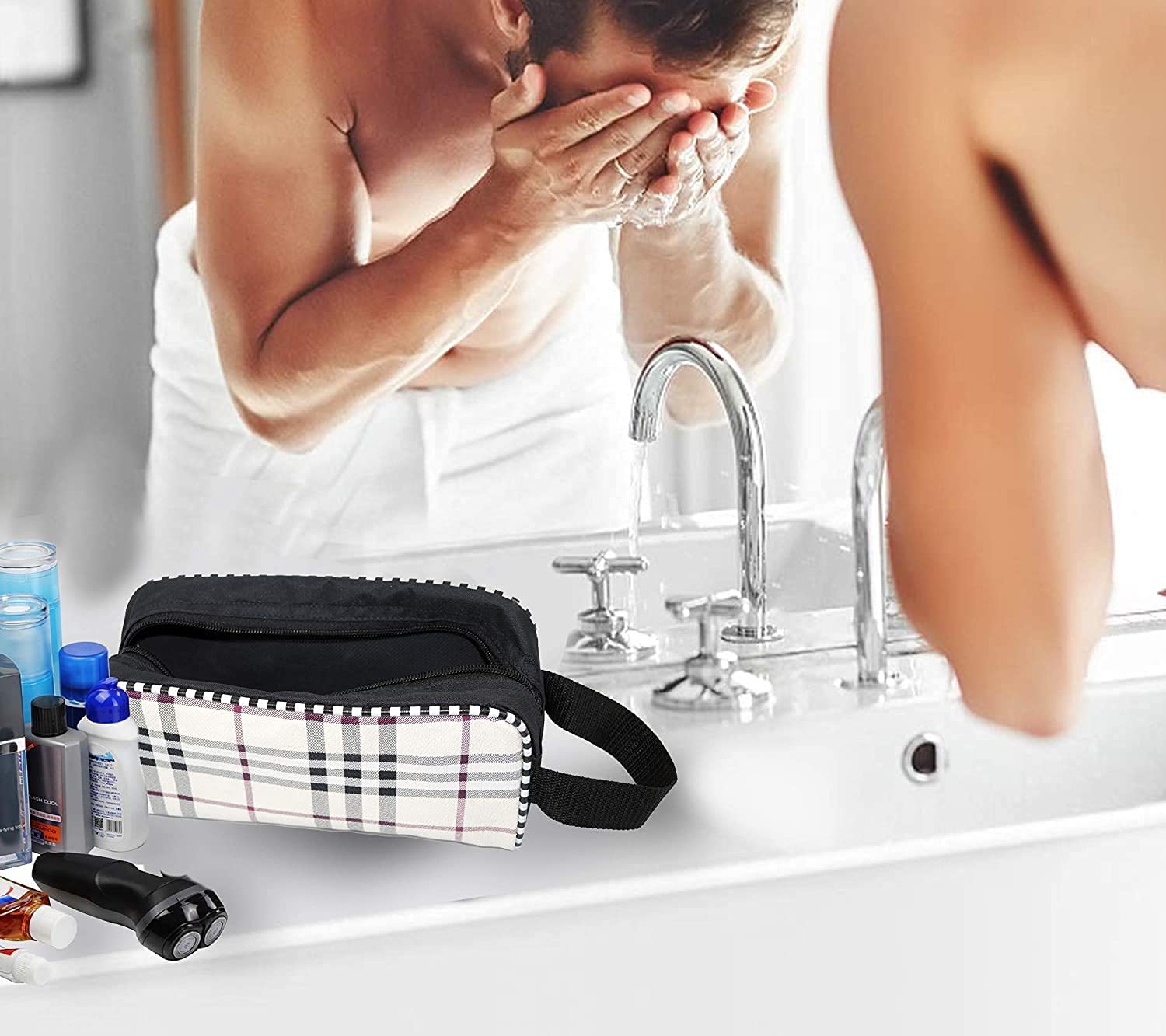 Flywind Set of 3 Waterproof Travel Toiletry Organizer Bags - Cosmetic Makeup Pouch Kit for Women & Men (Checks Print) - Perfect for Airplane, Gym, Camping & Vacation Essentials Storage