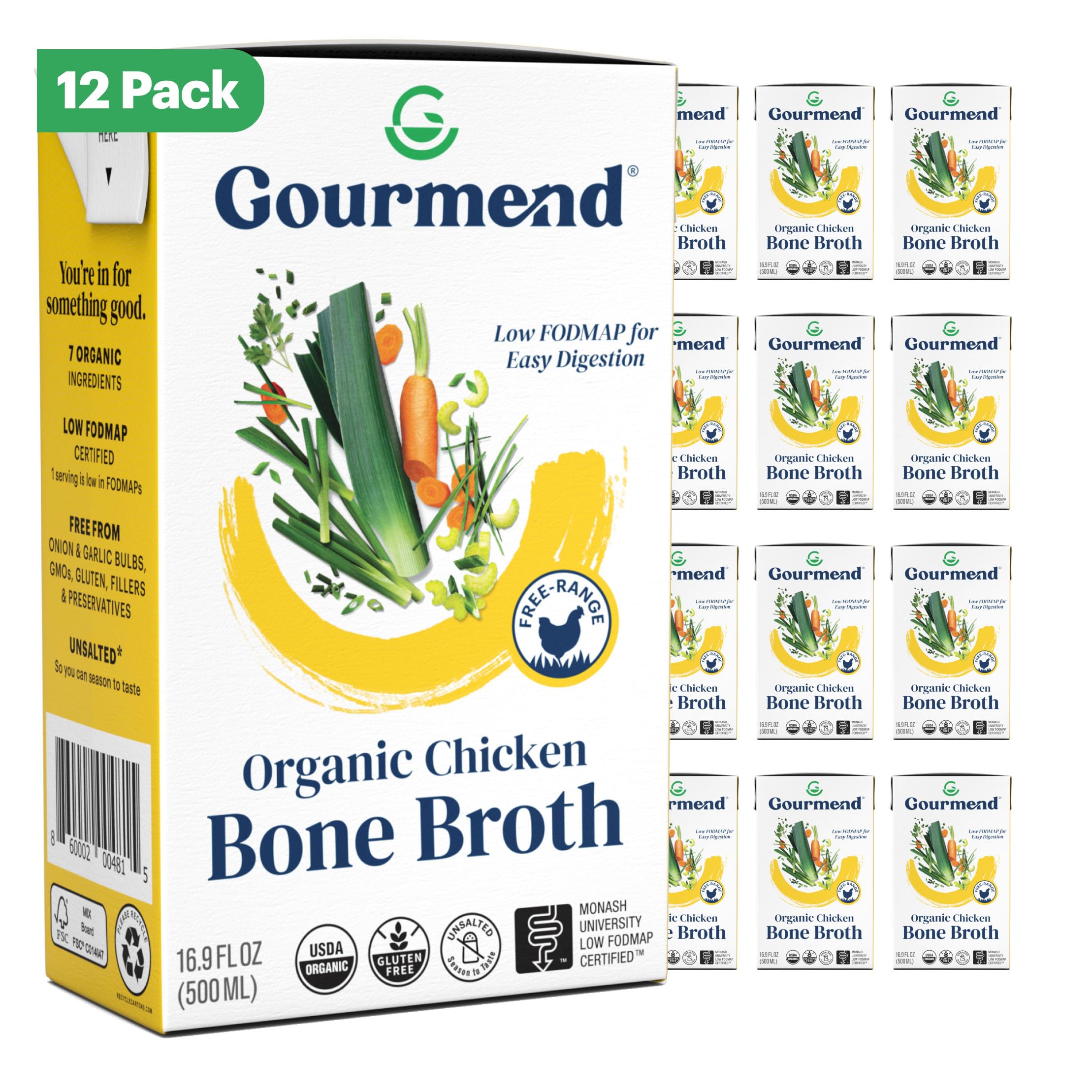 Organic Unsalted Chicken Bone Broth 16.9oz (12 Pack) – 7 Simple Ingredients, Low FODMAP Certified, Gluten Free, No Fillers, No Onion or Garlic – Perfect for Keto, Paleo & Gut Health Diets
