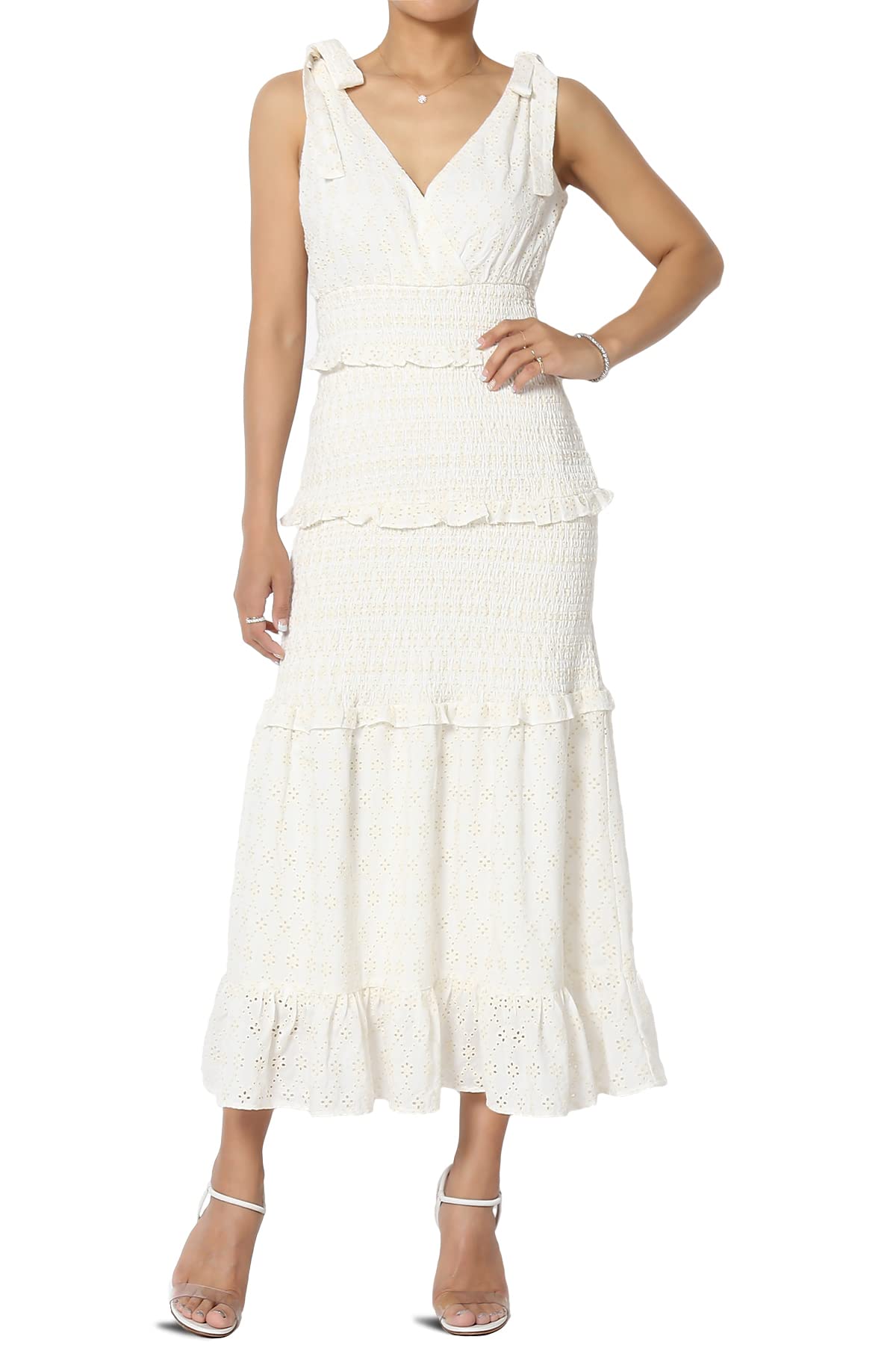The Mogan Women's Floral Embroidered Lace Trim Halter Neck Tie Fit & Flare Long Maxi Dress - Elegant Summer Beach Wedding Guest Dress for Vacation & Party