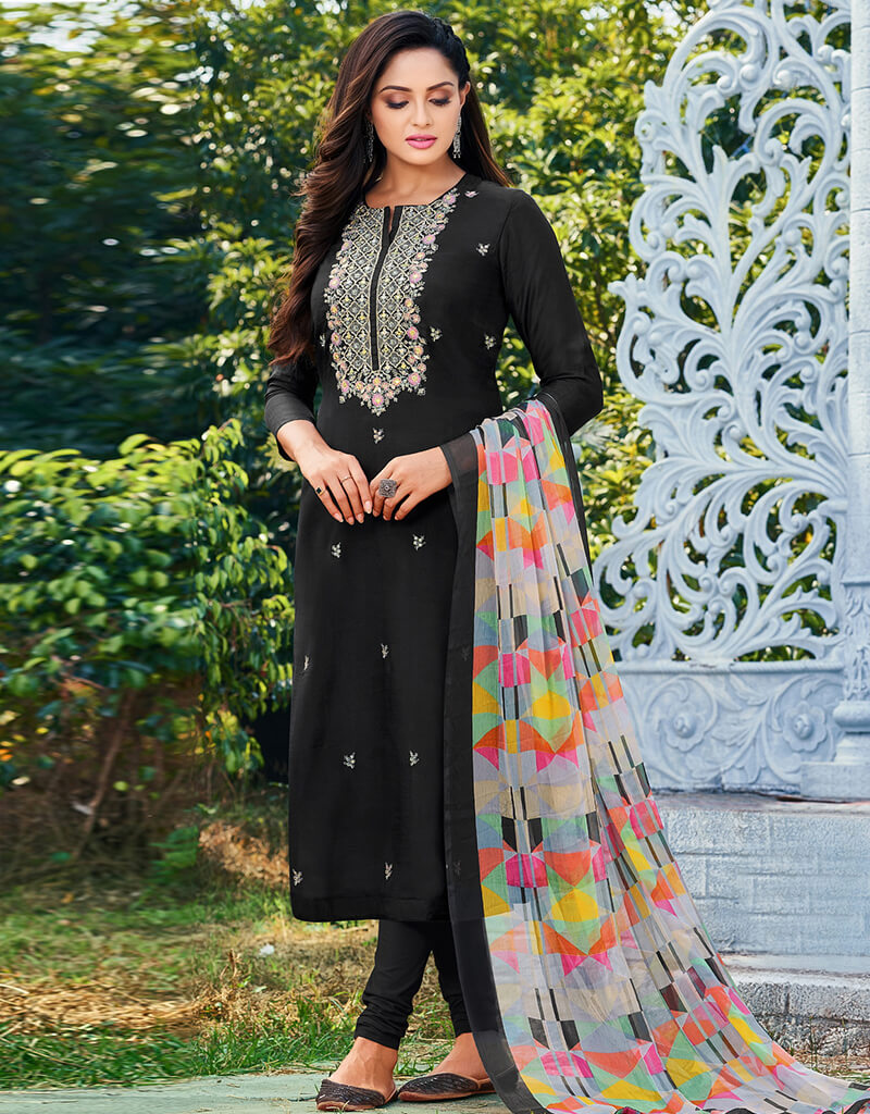 Elegant Black Chanderi Cotton Chudidar Salwar Suit for Women | Traditional Indian Ethnic Wear | Perfect for Weddings, Festivals & Special Occasions