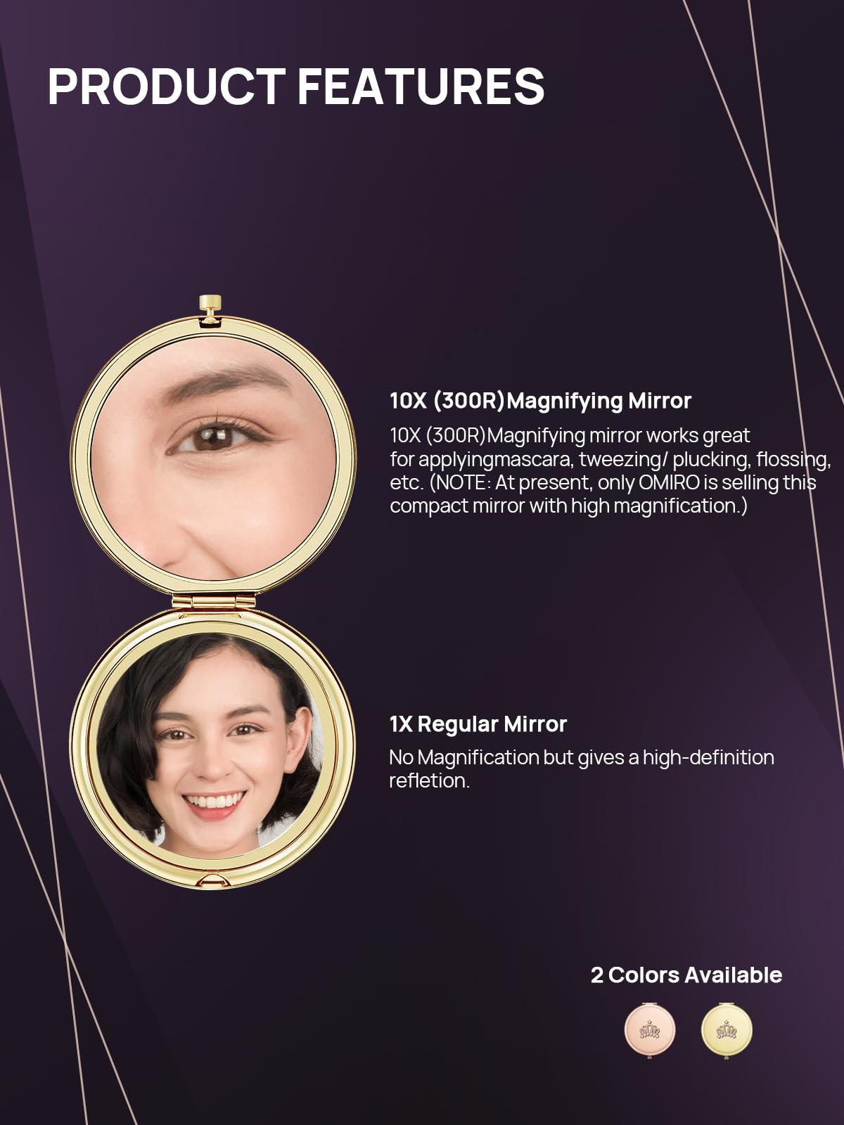 OMIRO 10X Magnifying Compact Mirror with Crown Engraving - Small Pocket Makeup Mirror for Women, Perfect Gift for Her, Mom & Girlfriend (Gold) - Ideal for Travel, Home Vanity & Handbag Essentials