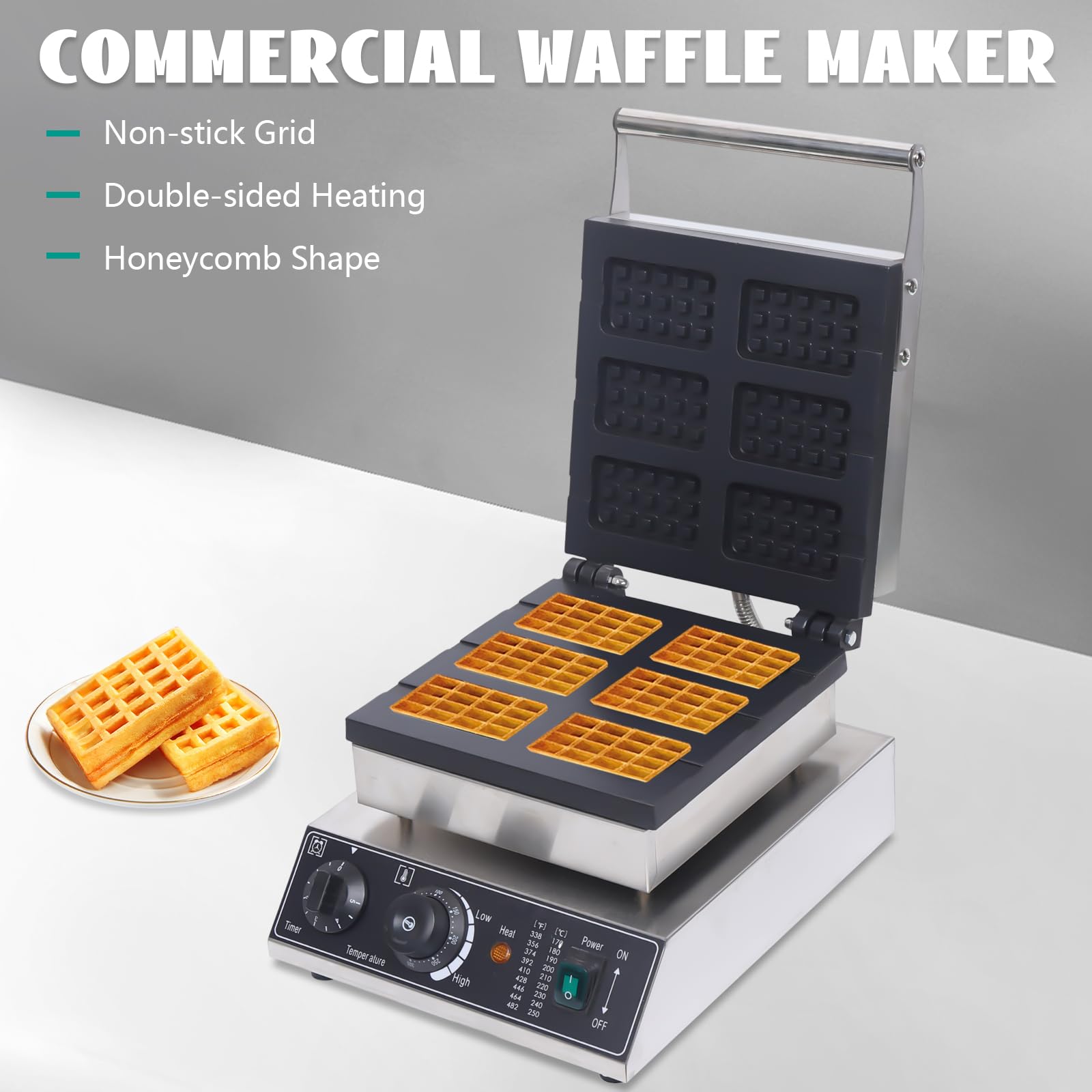DYRABREST 1500W Electric Waffle Maker - 6 Slice Nonstick Waffle Iron with Stainless Steel Housing & Modern Design - Perfect for Breakfast, Brunch, and Family Gatherings