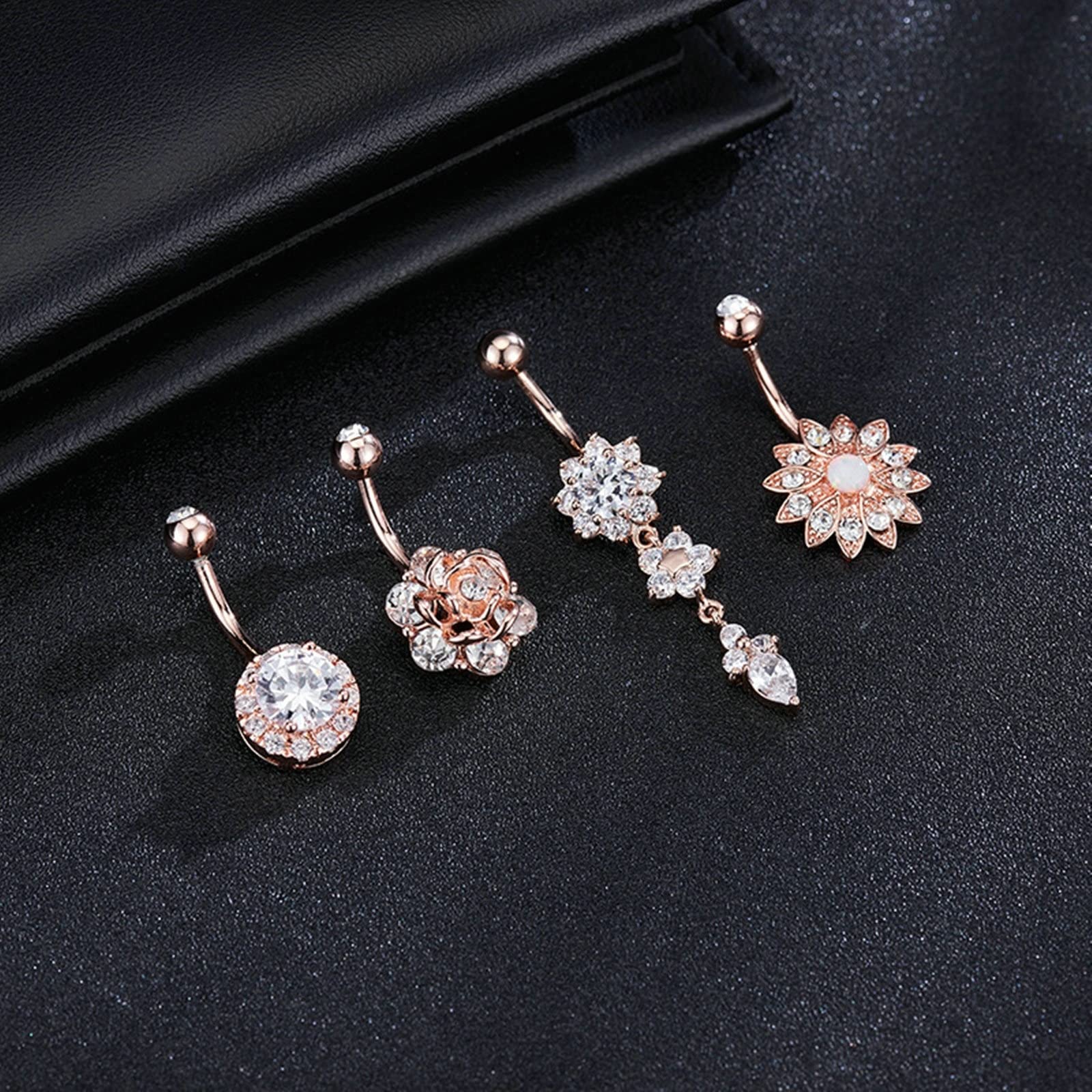 Rose Gold 14G Belly Button Ring for Women - White Cubic Zirconia Flower Design Body Jewelry - Perfect for Beach Parties, Summer Vacations & Casual Outfits