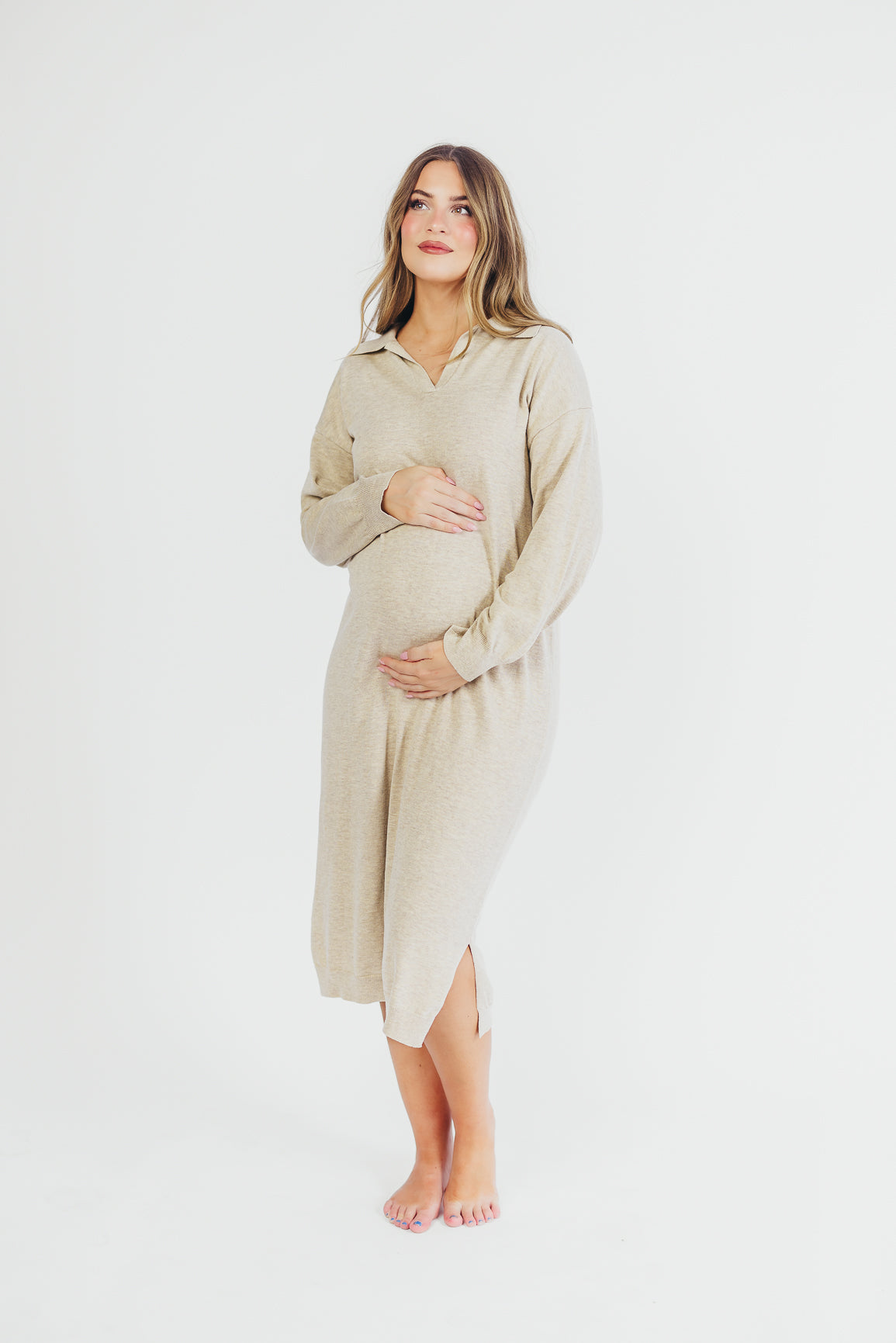 Riley Lightweight Long Sleeve Maxi Dress - Bump Friendly Maternity Dress in Natural Color | Perfect for Pregnancy, Nursing & Casual Wear