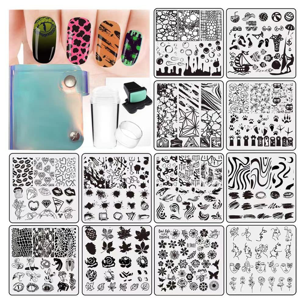 15Pcs Nail Stamping Plates Set with 12 Nail Art Plates, Stamper, Scraper & Storage Bag - DIY Nail Design Template Kit for Salon & Home Manicure