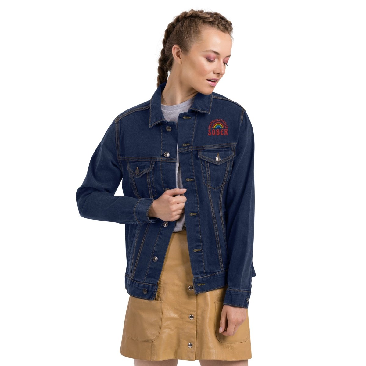 Unapologetically Sober Embroidered Denim Jacket for Men & Women | Vintage Style Distressed Denim Coat | Perfect for Casual Wear, Music Festivals & Street Fashion