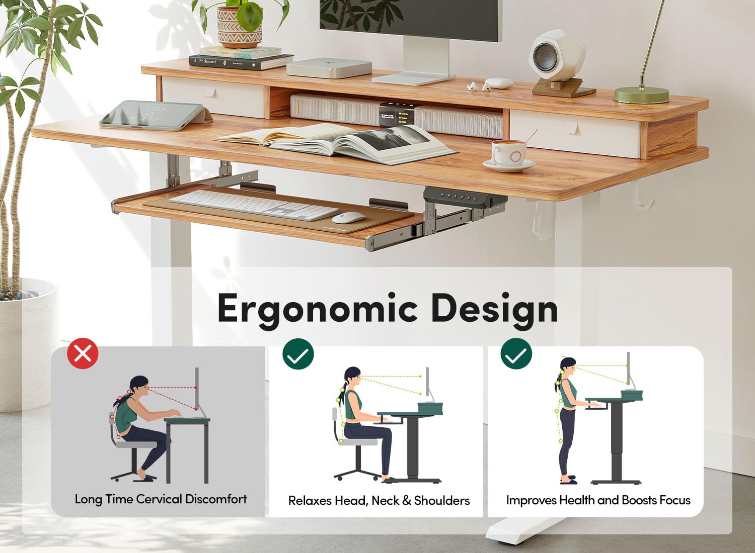 FEZIBO 48x24 Inches Adjustable Standing Desk with Drawers, Keyboard Tray & Storage Shelf - Whole-Piece Light Rustic Design for Home Office, Gaming & Workstation (Sit Stand Desk)