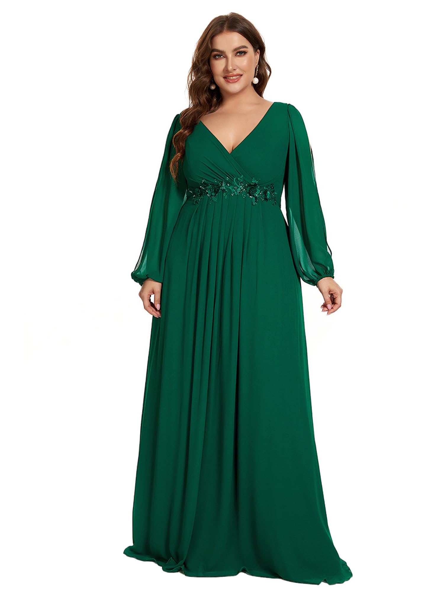 Ever-Pretty Plus Size Women's Formal Dress - V-Neck Floor Length Floral Applique Lantern Sleeve Evening Gown for Curvy Women | Wedding Guest, Prom, Cocktail Party, Special Occasion