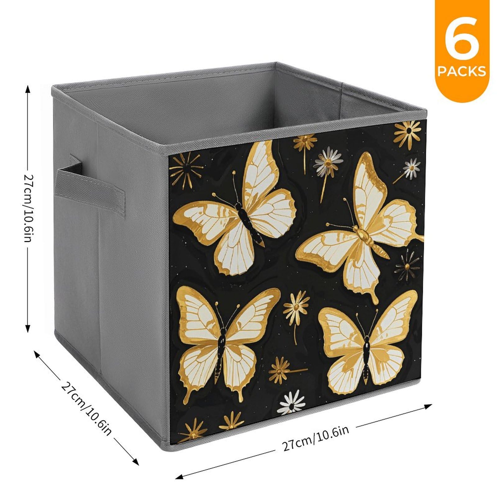 6-Piece Collapsible Storage Bins with Handles - Gold White Butterfly & Black Print Fabric Organizer Boxes for Shelves, Closet, Bathroom | Space-Saving Foldable Storage Baskets for Home Organization