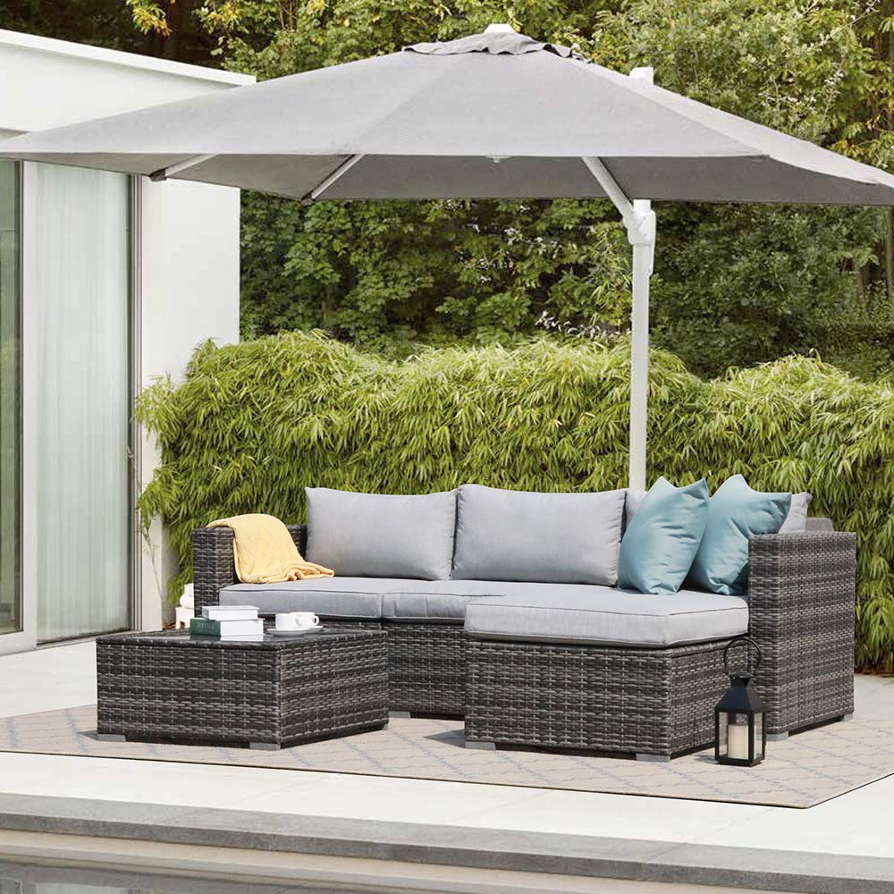 All-Weather Grey PE Rattan Outdoor Loveseat Set - 2-Piece Wicker Sectional Sofa with Light Grey Cushions | Patiorama Corner Sofa for Patio, Garden & Poolside Relaxation