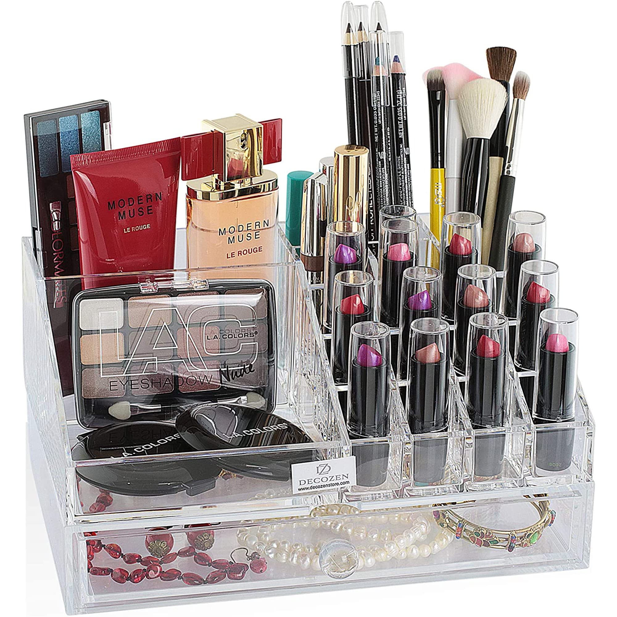 Decozen Makeup Organizer for Women - 20 Slots & 1 Drawer Cosmetic Storage Box for Brushes, Lipstick, Nail Polish, Perfume & Jewelry | Perfect Mother's Day, Birthday Gift & Vanity Decor for Mom, Wife, Girlfriend | Ideal for Bedroom, Bathroom & Dressing Table Organization