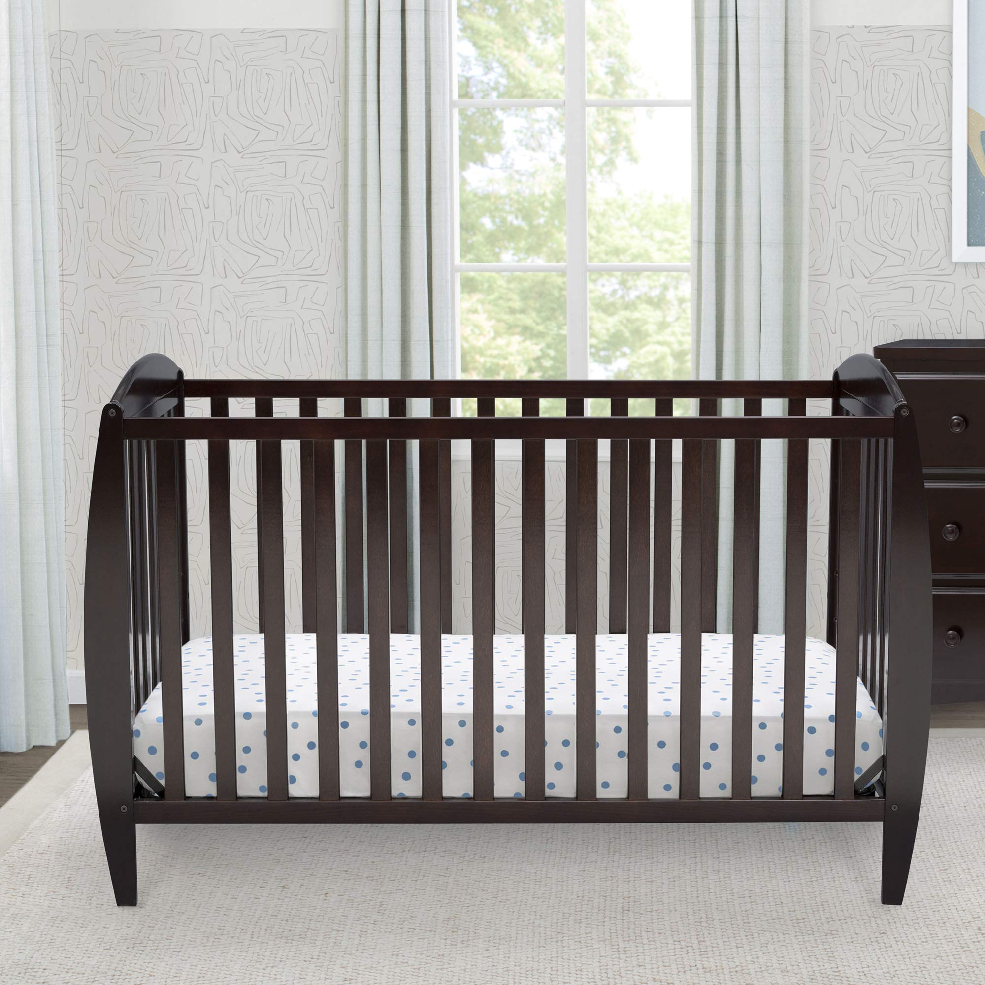 Delta Children Twinkle 4-in-1 Convertible Baby Crib with Toddler Mattress - Sustainable New Zealand Pine Wood in Dark Chocolate Finish & Dual-Sided Recycled Fiber Core Mattress - Perfect for Nursery, Bedroom, and Growing Toddlers