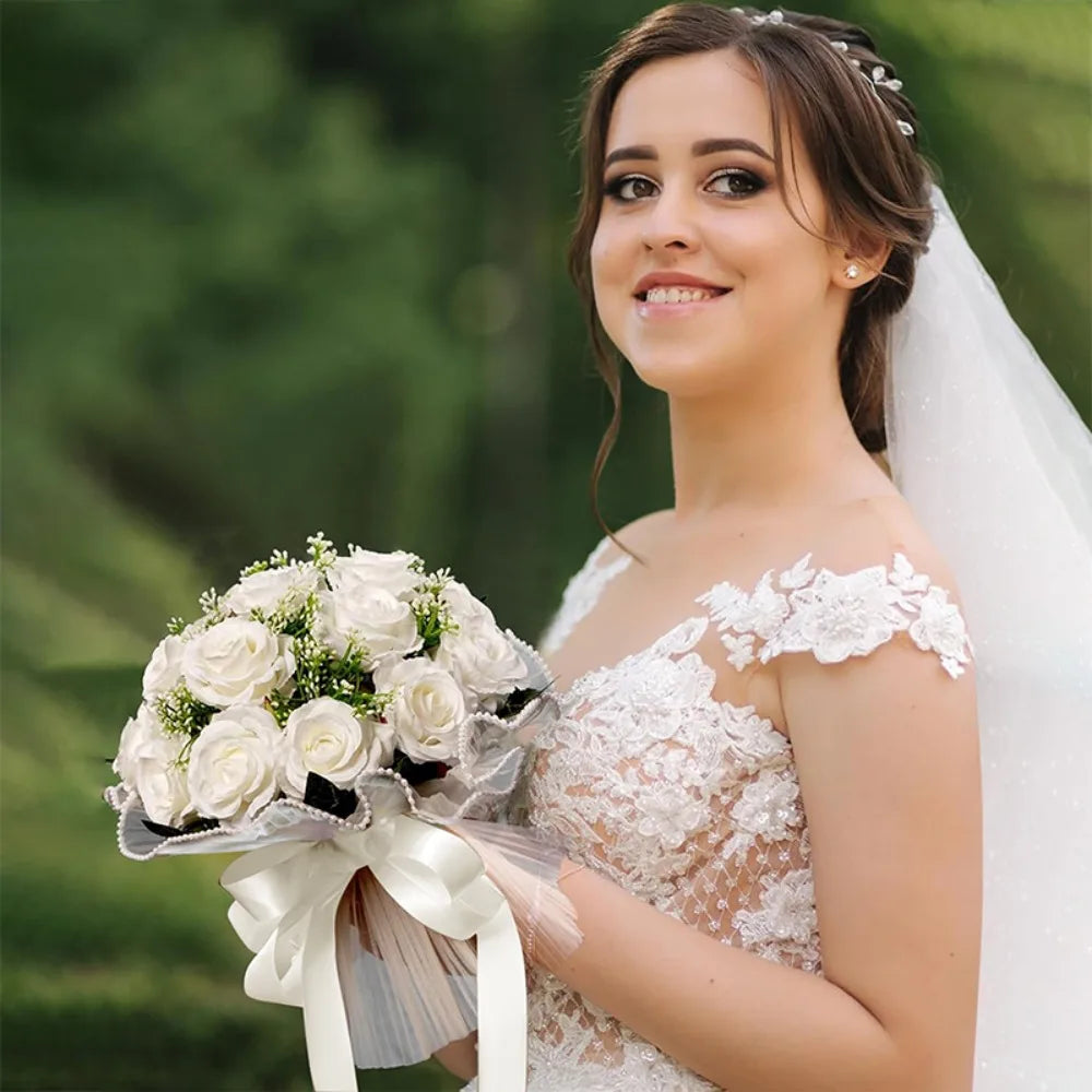 Elegant Artificial Bridal Bouquet with Pearl Bow - Perfect for Weddings, Anniversaries & Romantic Events - Home Decor & Photo Prop