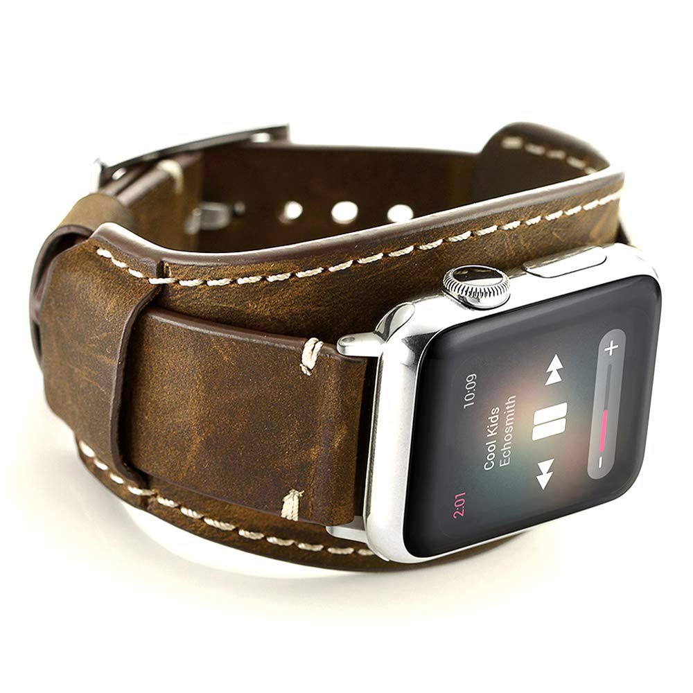 Genuine Leather Apple Watch Band Compatible with Series 10/9/8/7/6/5/4/3/2/1 & SE/SE 2 (42mm 41mm 40mm 38mm) - Cuff Coffee Color - Premium Replacement Strap for Workout, Office & Casual Wear