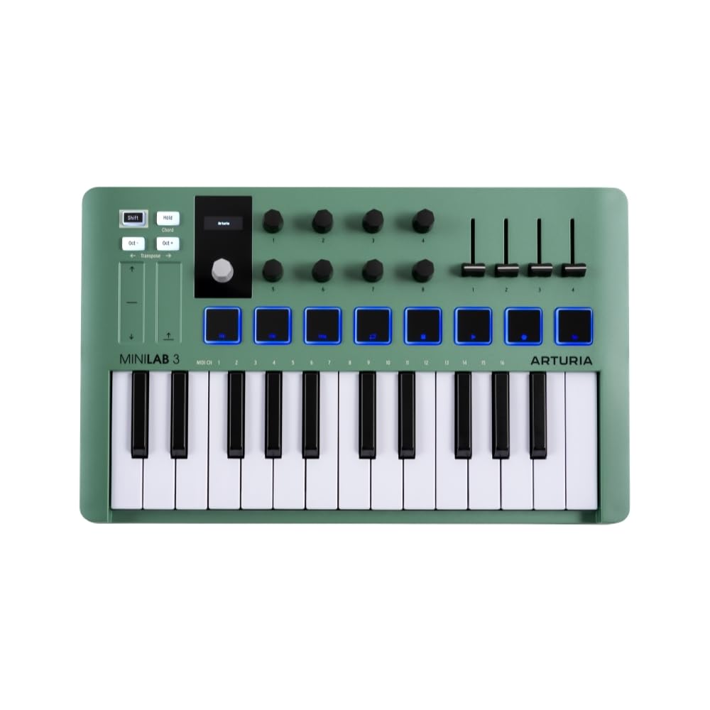 Arturia MiniLab 3 25-Key USB MIDI Keyboard Controller with 8 Pads & DAW Integration - Mint Green | Includes MIDI Cable & Microfiber Cloth | Perfect for Music Production, Beat Making & Home Studio Recording