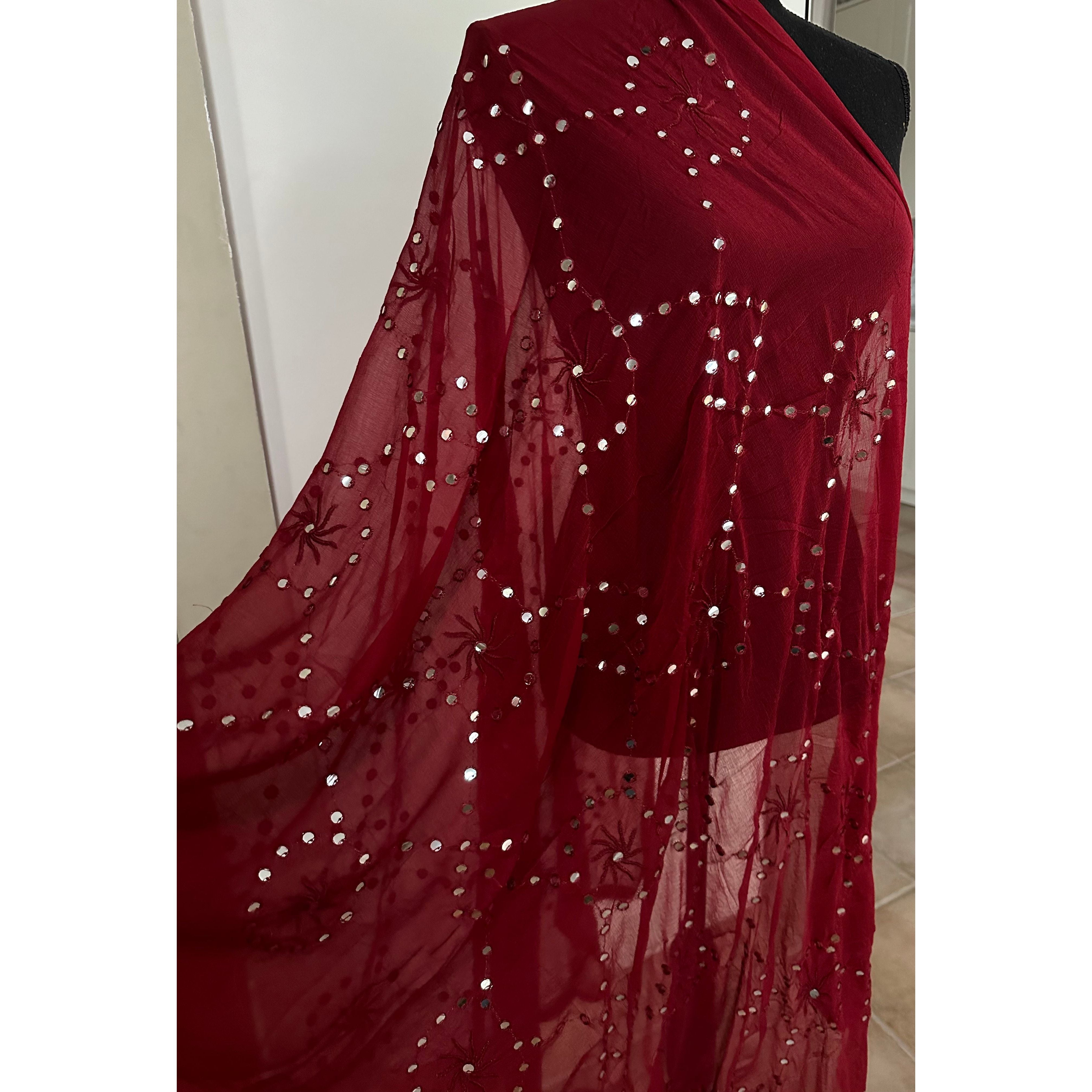 Elegant Maroon Dupatta with Mirror Embroidery - Perfect for Weddings, Parties & Festive Occasions