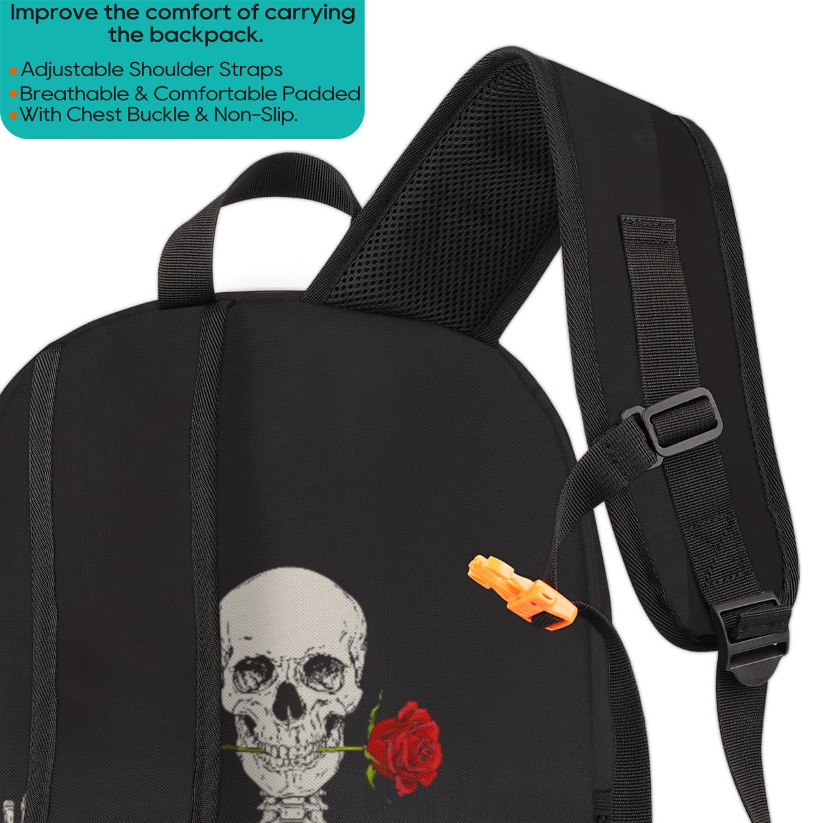 Human Skeleton Skull Backpack for Kids, Teens & Adults - Gothic Rose Print School Bookbag for College, Gym, Travel & Work - Durable Laptop Backpack for Students & Professionals (Perfect for Halloween, Cosplay & Dark Aesthetic Fashion)
