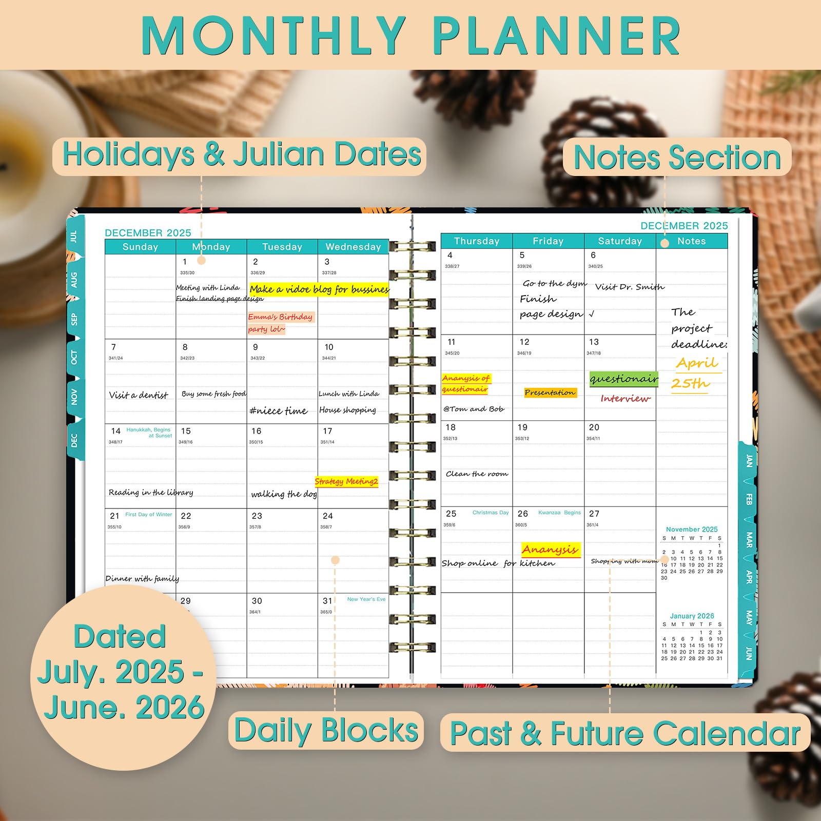 2025-2026 Academic Planner - 12 Month Weekly & Monthly Organizer from July 2025 to June 2026 - 8.4