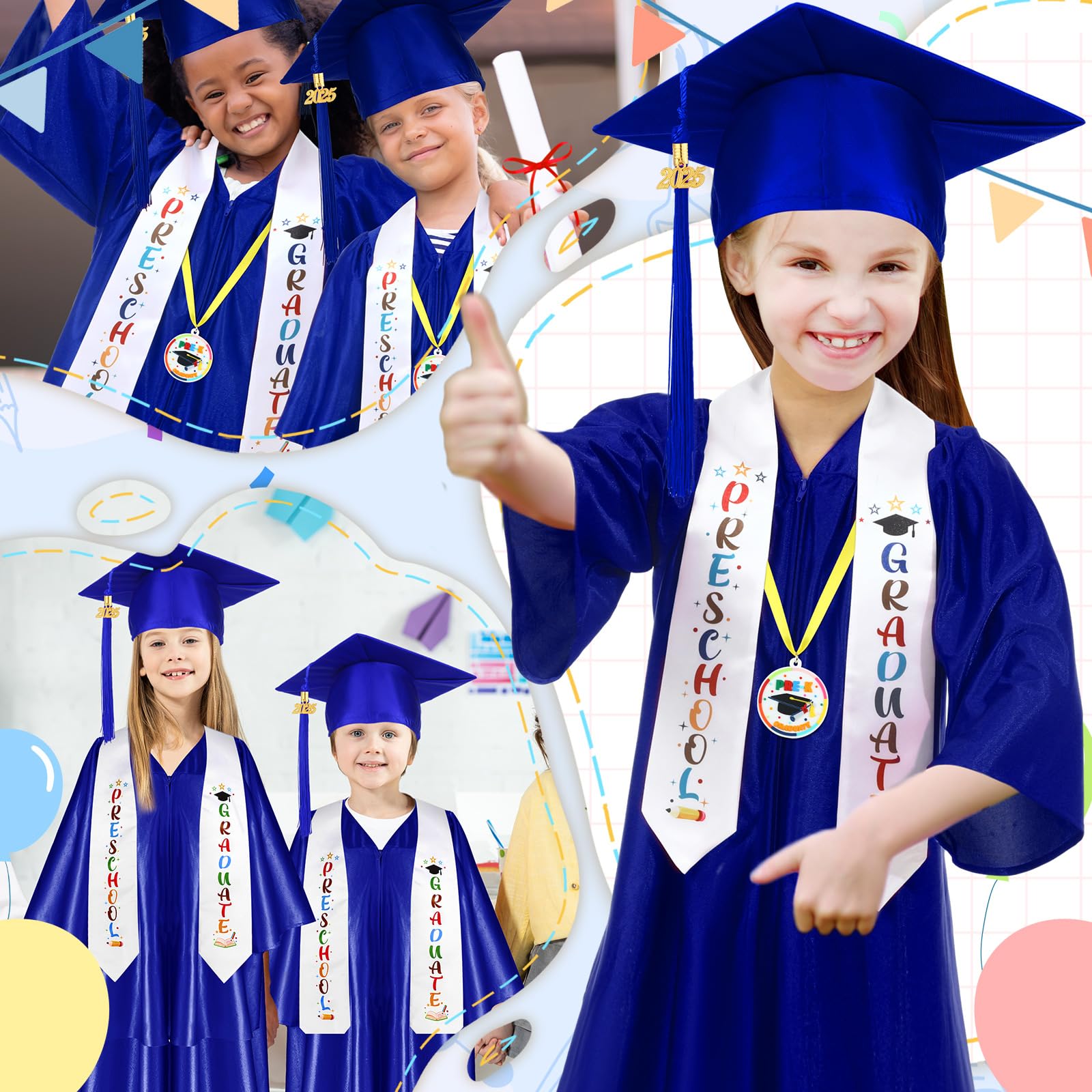 60 Pcs Preschool & Kindergarten Graduation Cap and Gown Set with 2025 Tassel, Stole, Certificate & Medal Bear - Complete Graduation Kit for Kids - Perfect for Ceremonies, Photo Shoots & School Events