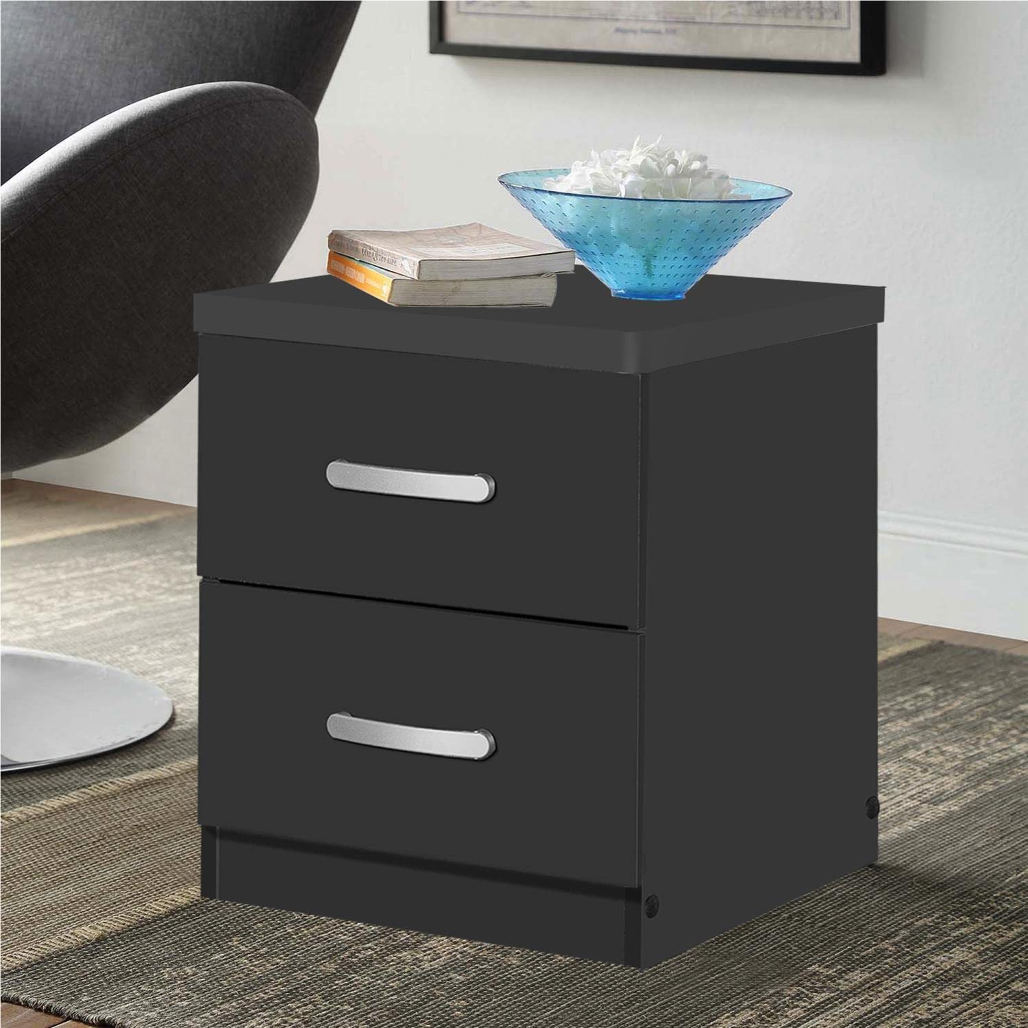 Better Home Products Night Stand with 2 Drawers - Black Wooden Bedside Table for Bedroom, Living Room & Office - Compact Storage Solution for Lamps, Books & Essentials