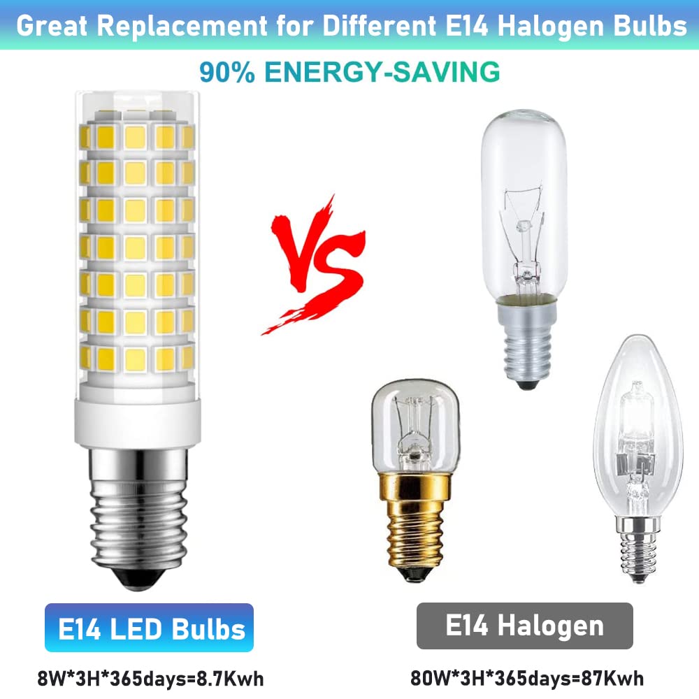 2-Pack E14 LED Bulb 8W 6000K Daylight White - European Base for Refrigerator, Cooker Hood, Oven (Compatible with Whirlpool RBD305PVS02 & 4174189) - 80W Equivalent AC120V - Perfect for Kitchen Appliances and Home Lighting