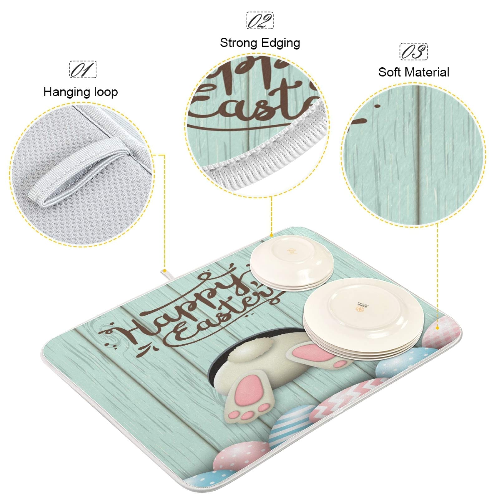ALAZA Easter Bunny Eggs Dish Drying Mat - Absorbent Microfiber Kitchen Counter Drying Pad (16x18 Inch) for Dishes, Cups & Utensils - Perfect for Easter Decor & Daily Kitchen Use