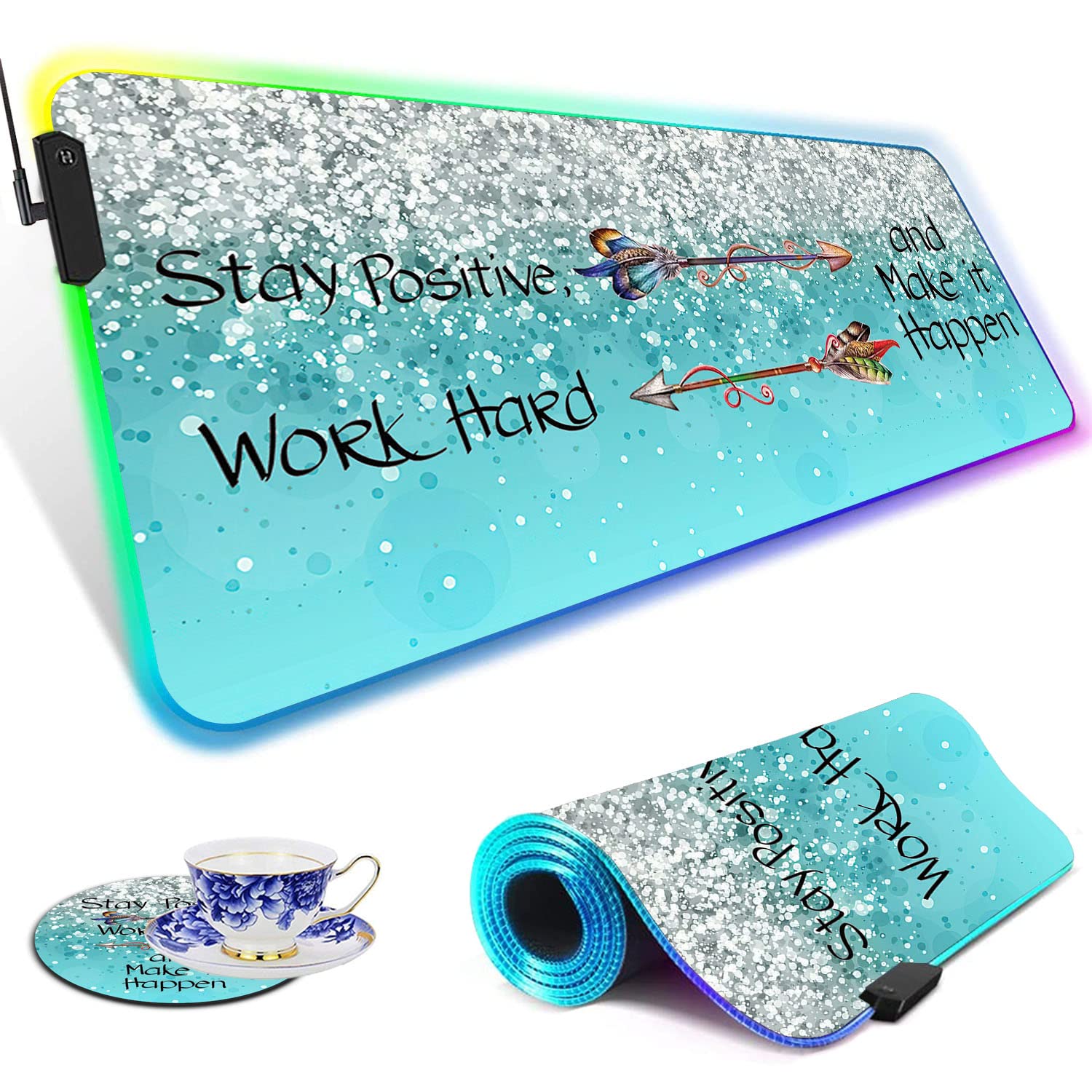 RGB Gaming Mouse Pad with LED Lights - Large Extended Desk Mat for Keyboard & Mouse, Waterproof & Non-Slip Surface - Perfect for PC Gaming, Office Work & Streaming Setup (Blue Motivational Design)