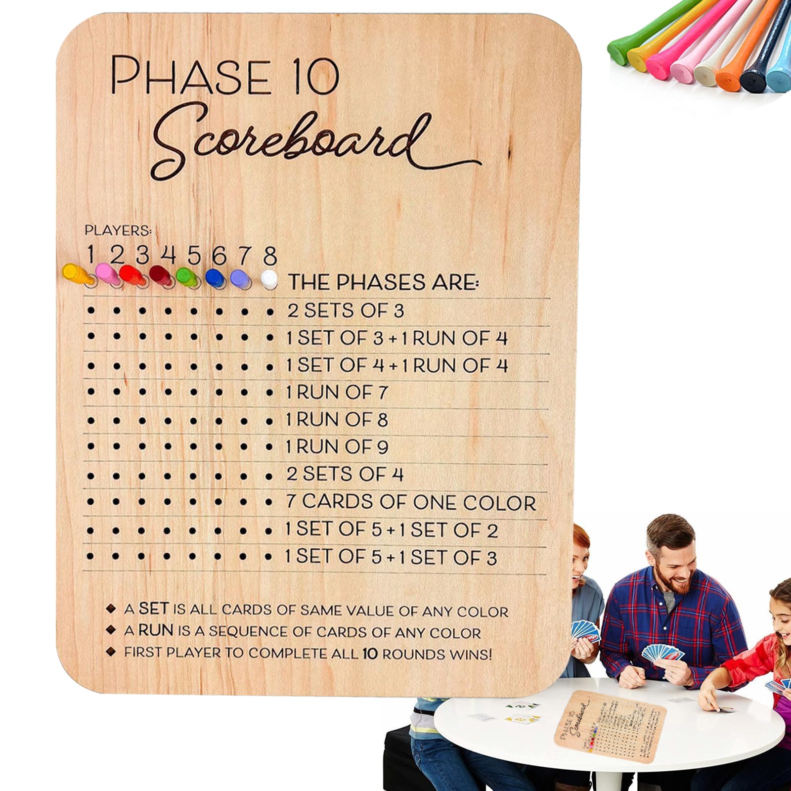 Phase 10 Score Board with 8 Pegs - Wooden Card Game Tracker for Family Game Nights
