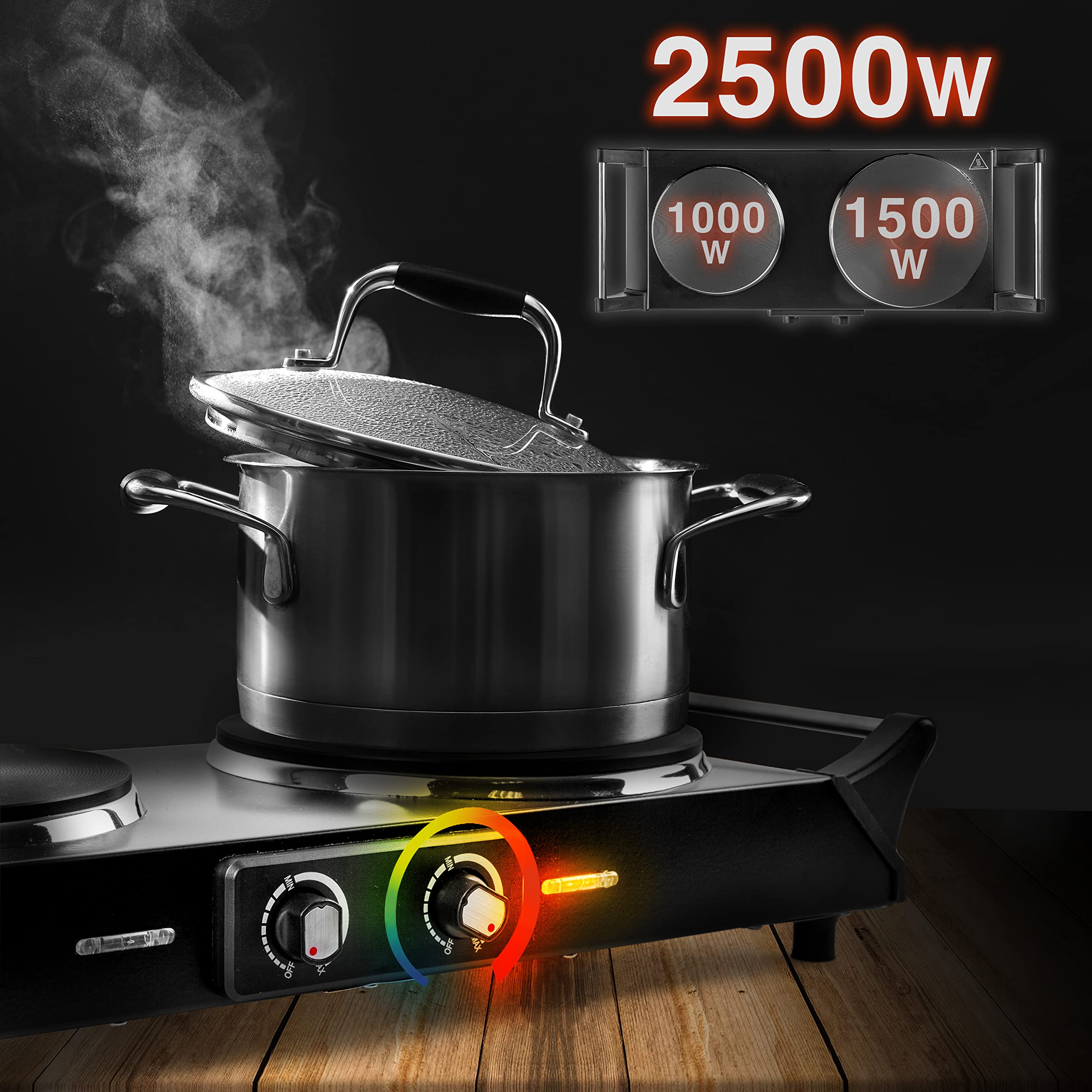 Duronic HP2 BK 2500W Double Electric Hot Plate - 2 Cast Iron Burners (1500W & 1000W), Portable Stove with Handles for Home Kitchen, Camping & Outdoor Cooking | Black Steel Countertop Burner for Pots, Pans & Dutch Ovens