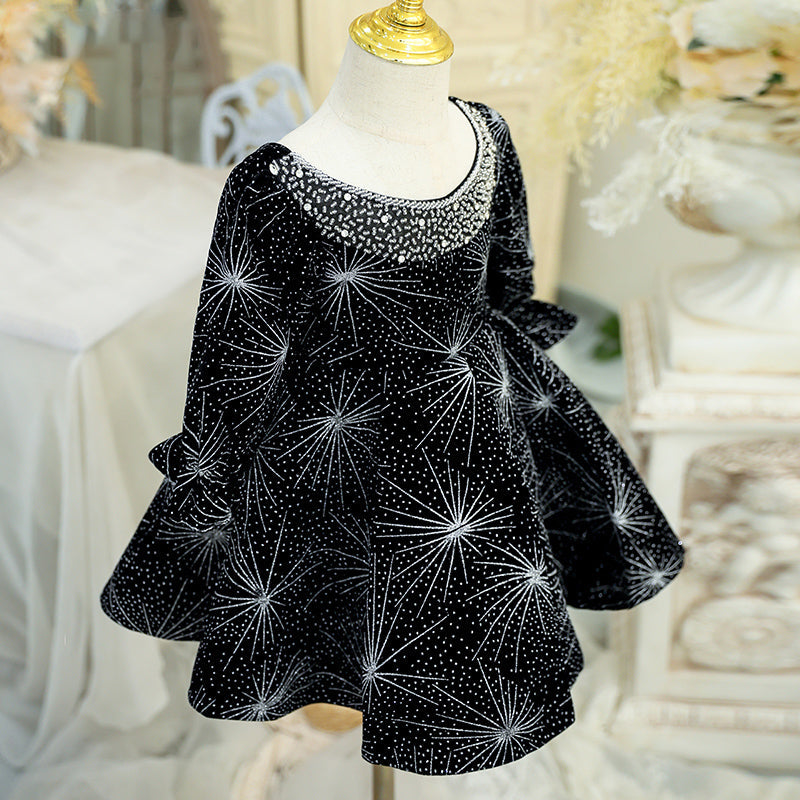 Sparkly Black Sequined Flower Girl Dress with Beaded Lantern Sleeves - Perfect for Weddings, Pageants & Special Occasions