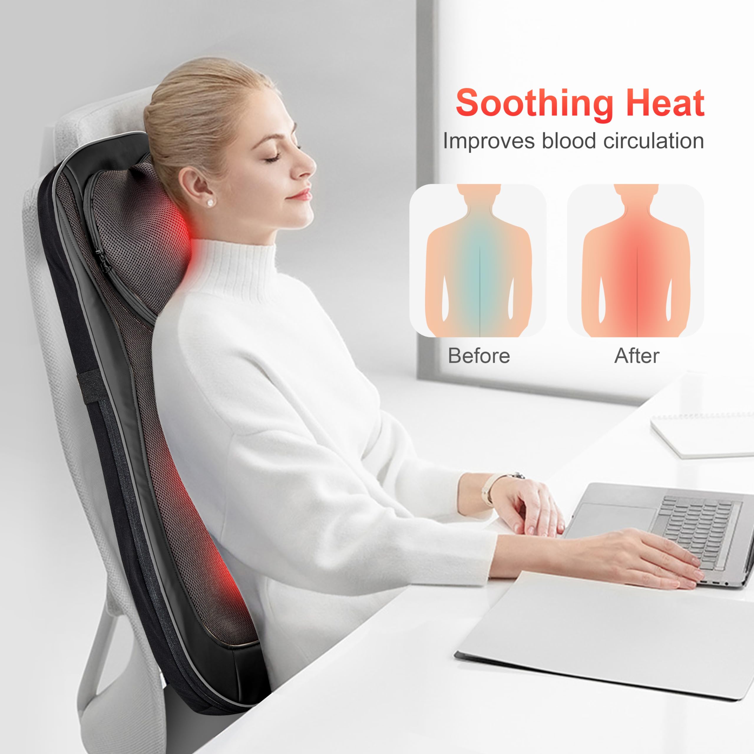 CooCoCo Shiatsu Neck & Back Massager with Heat - Adjustable Kneading Massage Chair Pad for Full Body Relaxation - Perfect Gift for Men & Women - Ideal for Office, Home & Car Use to Relieve Muscle Pain & Stress