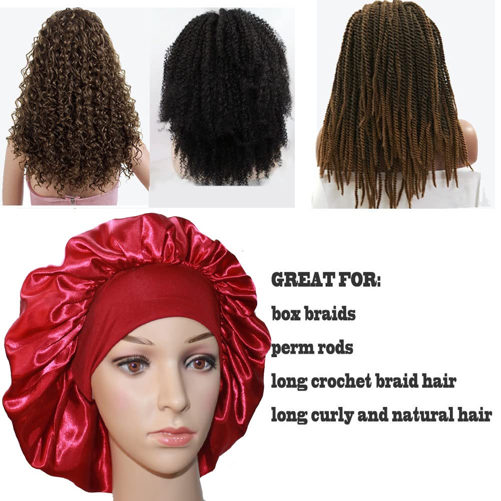 VEYRNEIC Satin Sleep Bonnet for Women - Silk Night Cap with Wide Elastic Band for Braids, Curls & Natural Hair - Shower & Chemo Cap - Includes Satin Storage Bag (Wine Red) | Perfect for Nighttime, Travel & Hair Protection