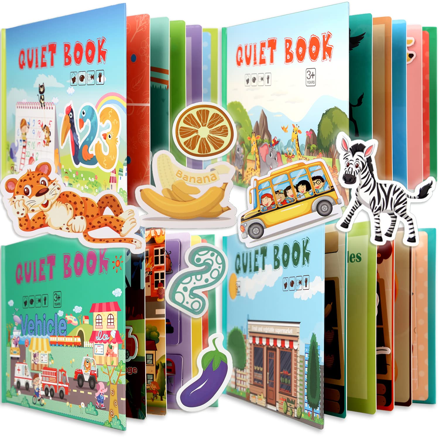 Montessori Quiet Book Busy Board for Toddlers - 4 Subjects Sensory Activity Toy for 2 3 4 Year Old Boys & Girls | Travel Learning Toy, Educational Gift for Preschool Kids | Perfect for Airplane, Car Rides & Quiet Playtime