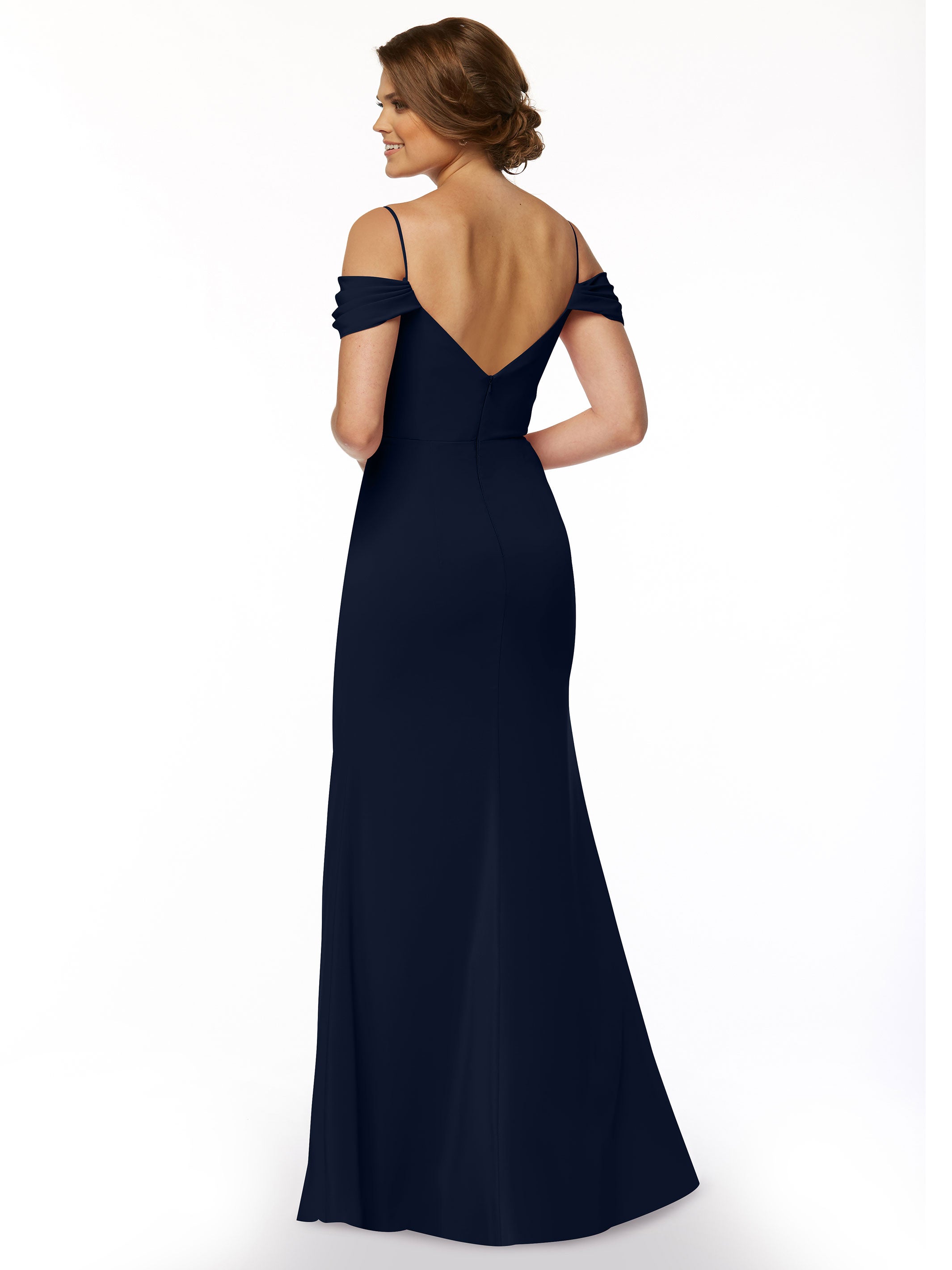 Elegant 83029 Fitted Stretch Chiffon Off-The-Shoulder Bridesmaid Dress with High Slit - Perfect for Weddings, Prom & Formal Events