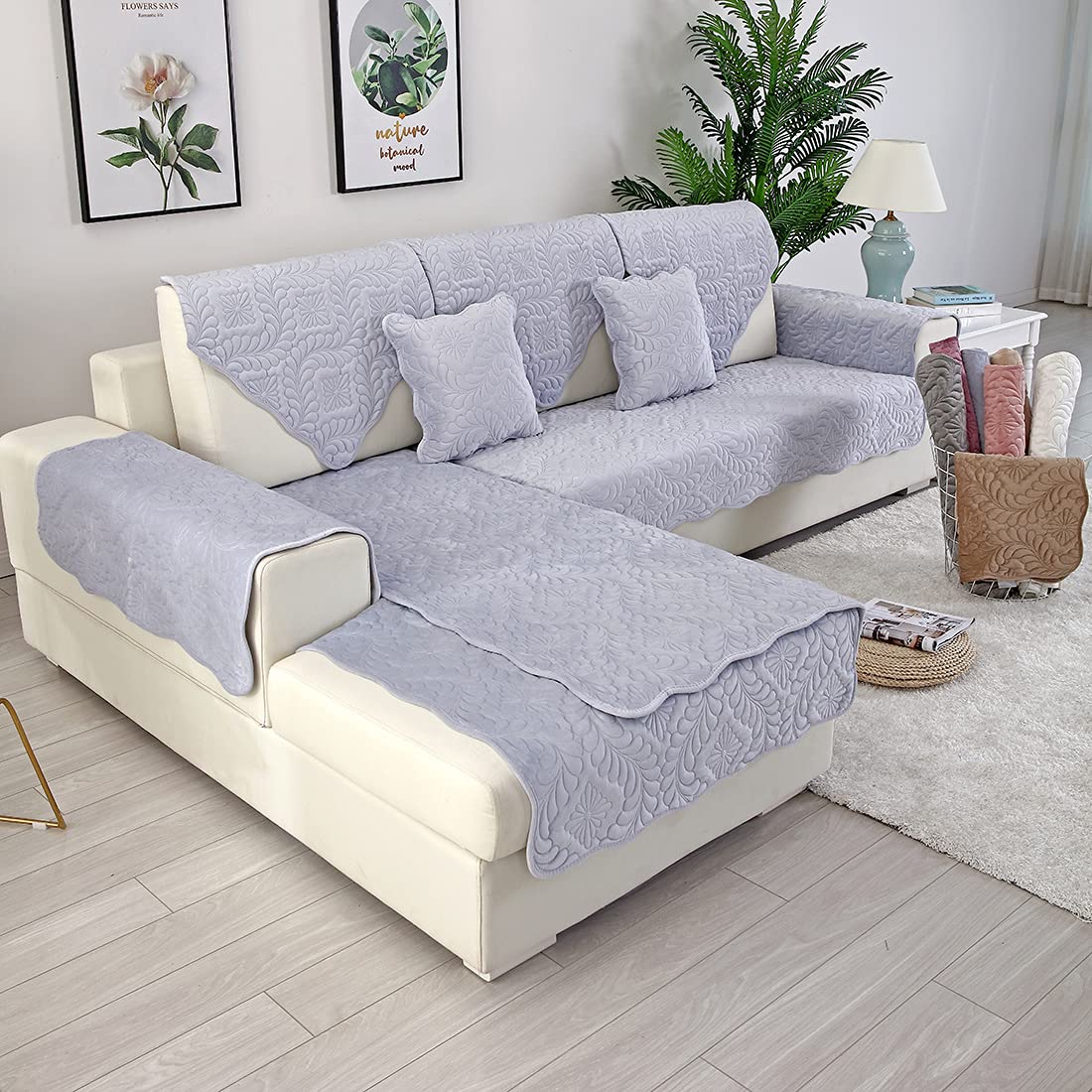 Velvet Quilted Sofa Cover - Soft Non-Slip Sectional Couch Slipcover for Pets, Recliner & L-Shaped Couches with Armrest & Backrest Protection (Greyish Purple, 28x82 Inch) - Perfect for Pet Owners & Living Room Decor