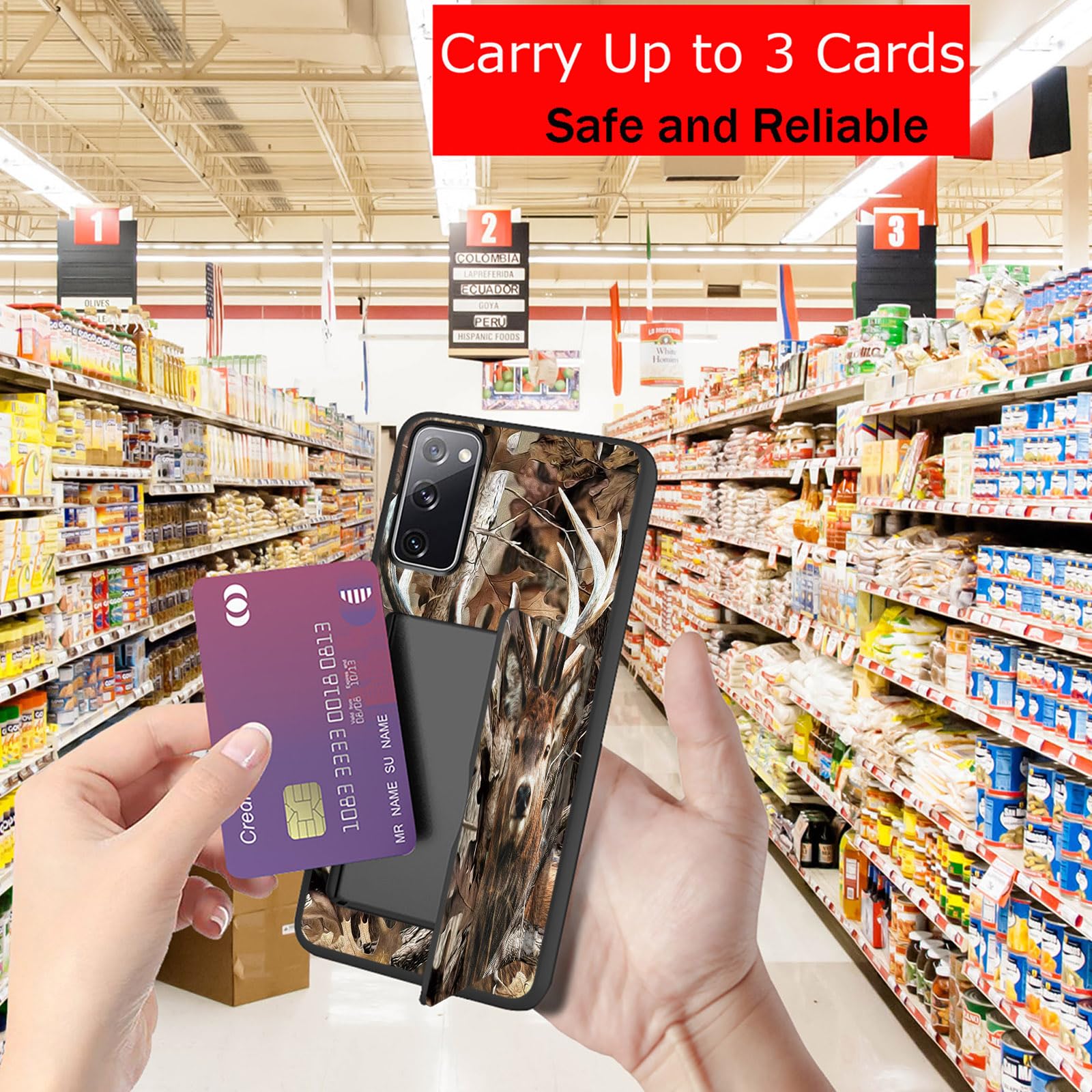 Shockproof Hybrid Case for Samsung Galaxy S20 FE 5G (2020) with Card Holder - Dual Layer Armor Protection, Built-in Wallet Pocket for Credit Cards & ID, Camo Forest Deer Design - Perfect for Outdoor Adventures & Daily Use