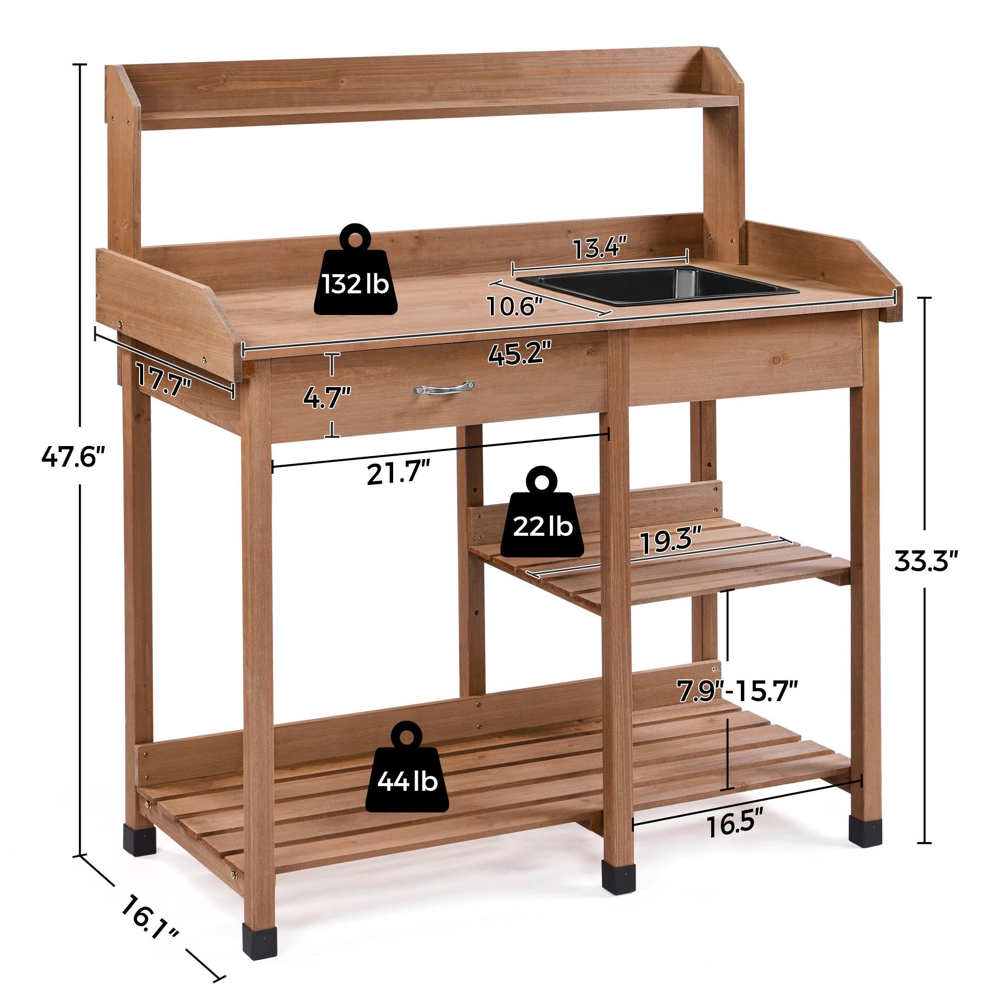 Topeakmart 45.2x17.7x47.6 Inch Outdoor Garden Potting Bench with Removable Sink, Drawer & Shelves - Sturdy Wooden Work Table for Planting, Gardening & DIY Projects - Perfect for Backyard, Patio & Greenhouse Use