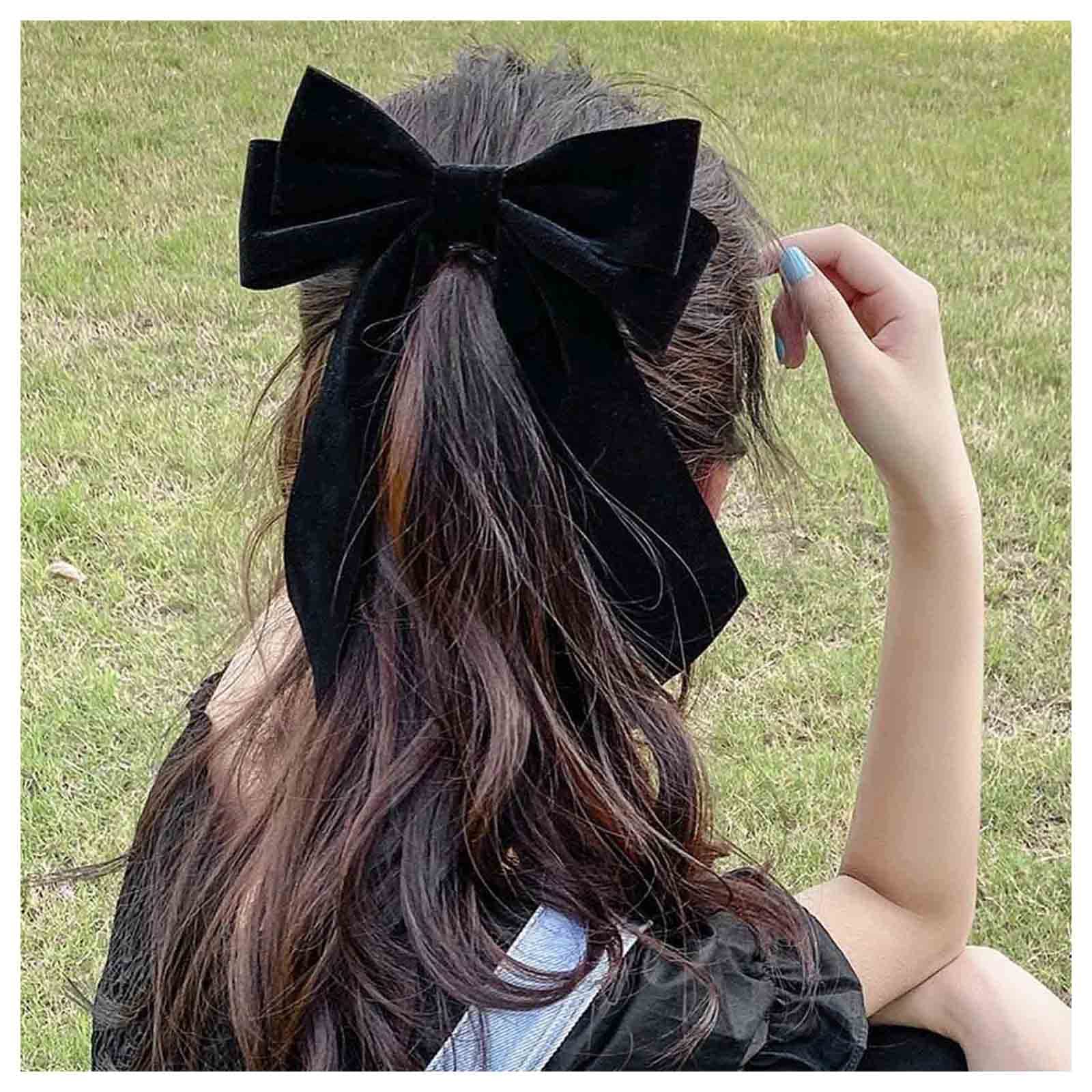 Vintage Black Velvet Bow Hair Clips for Women - Long Tail Satin Hair Barrettes with Velvet Ribbon - French Bowknot Hair Clip Headwear - Winter Decorative Hair Accessories (Black) | Perfect for Weddings, Parties, and Everyday Elegant Styling