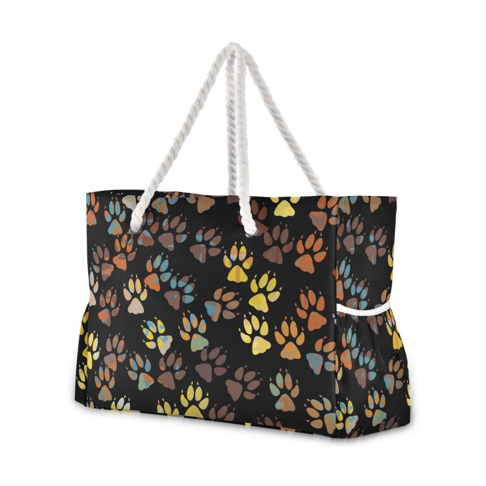 Stylish Extra Large Dog Paw Print Beach Tote Bag for Women - Durable Polyester Shoulder Bag with 2 Zippers - Perfect for Travel, Gym, Shopping & Beach Outings